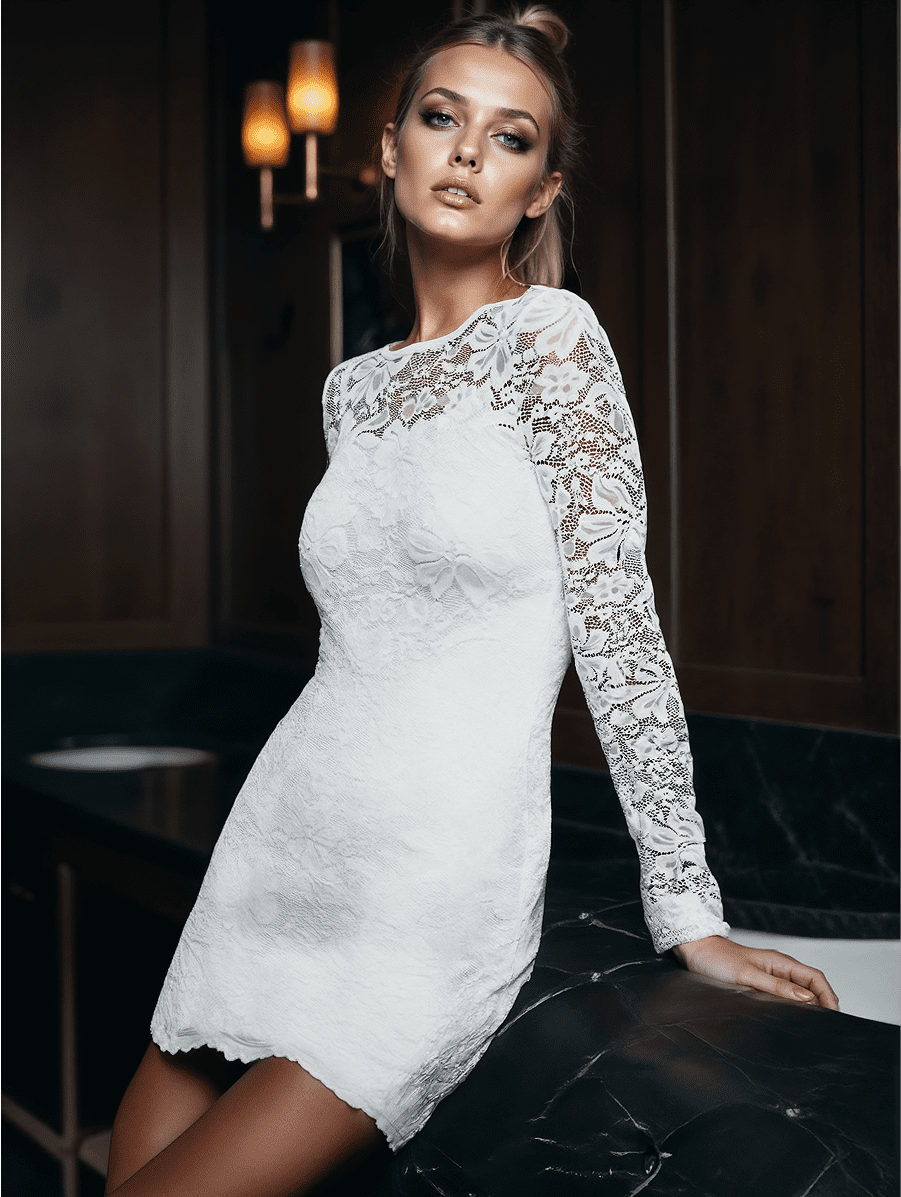 AI-generated model in white lace dress