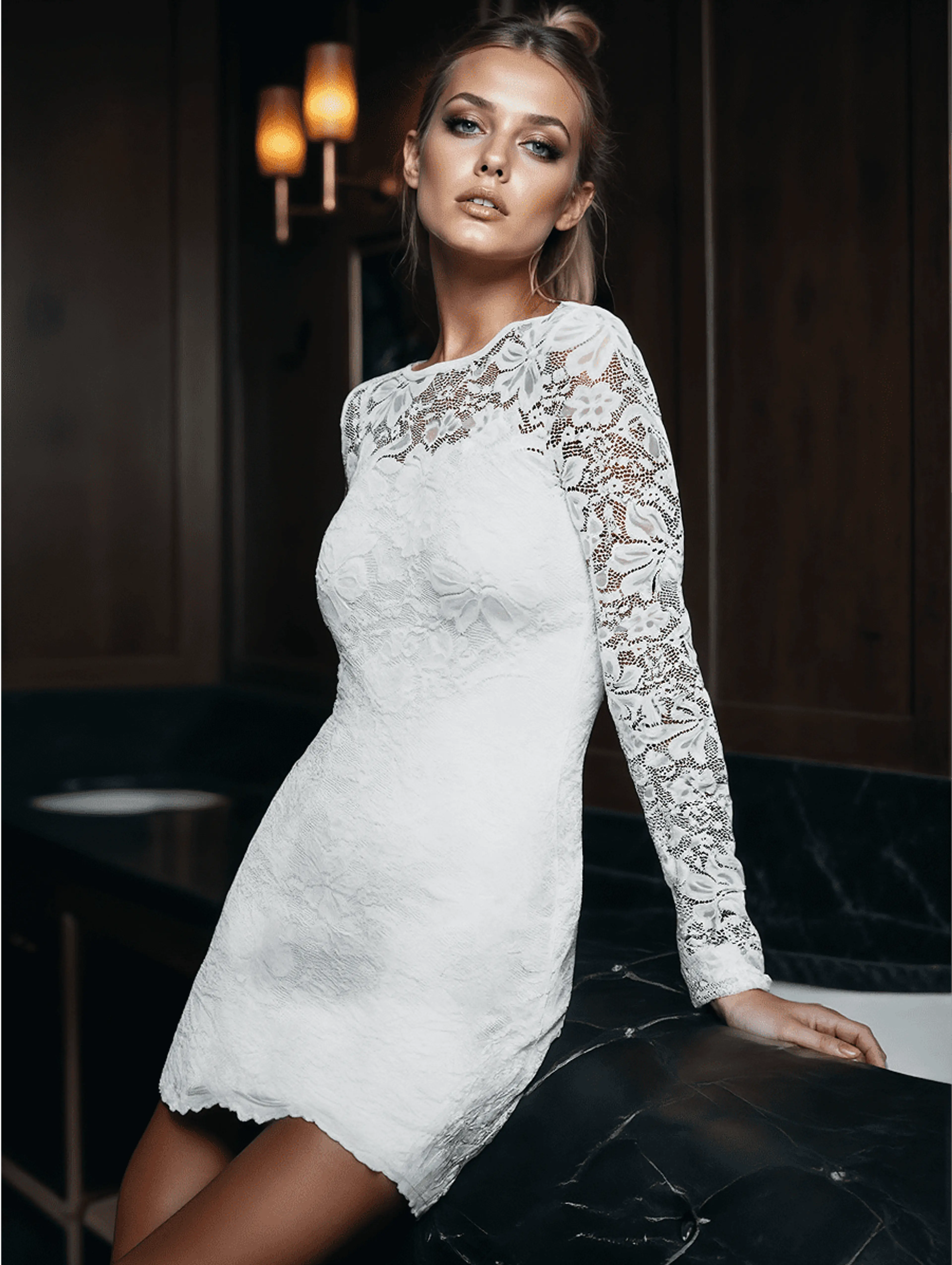 AI-generated model in white lace dress