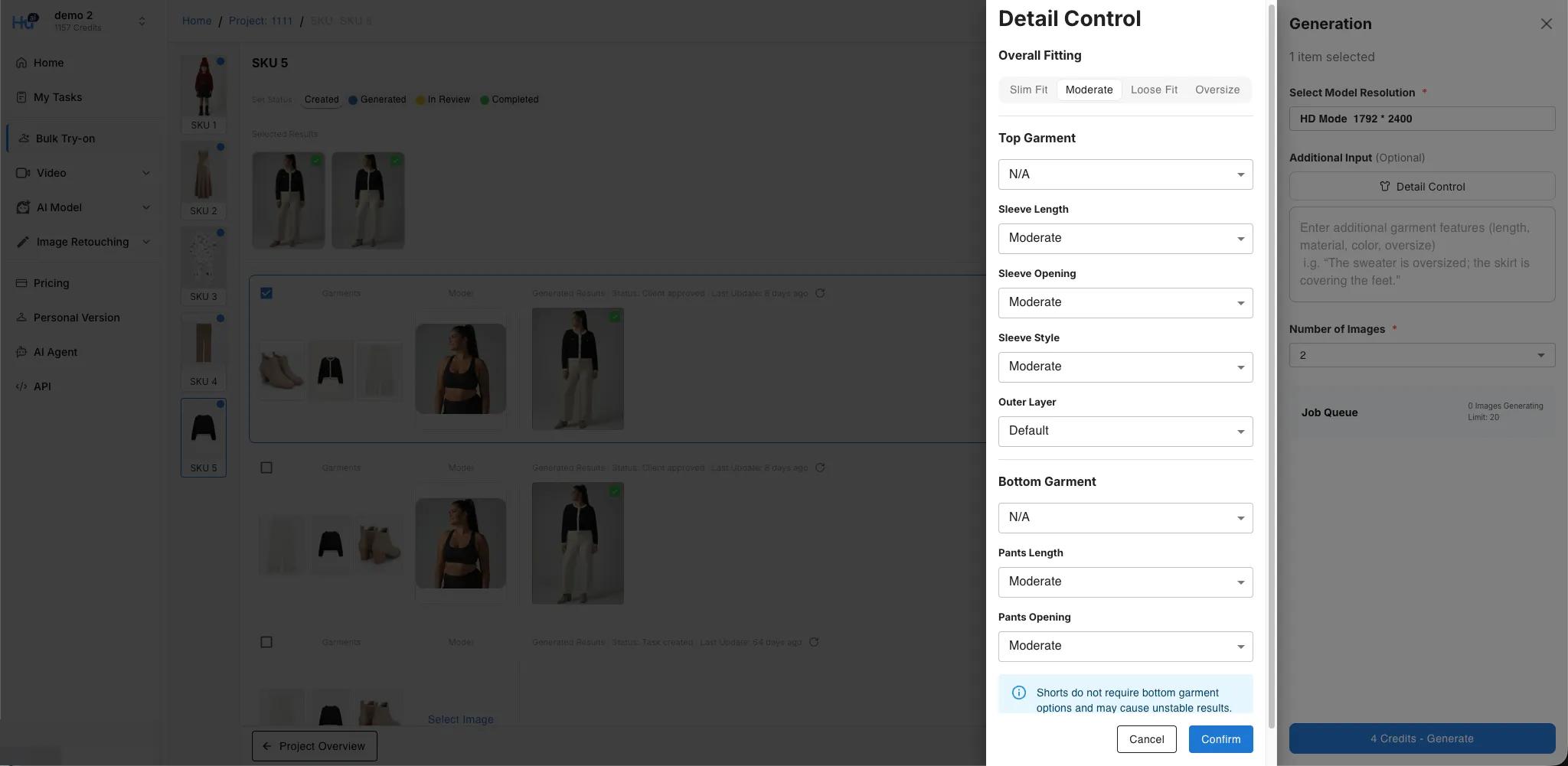 Detail Control dialog for try-on results