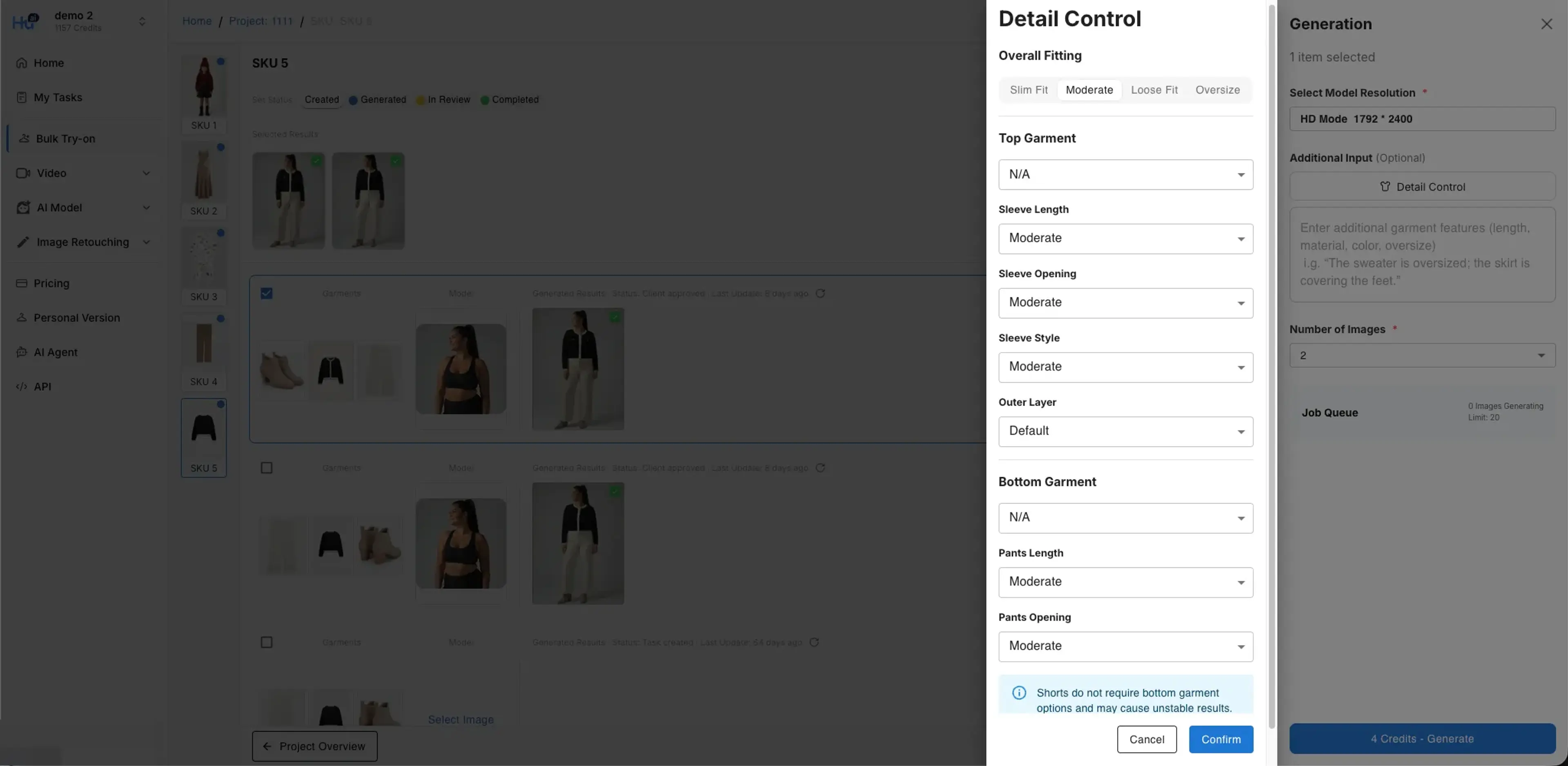 Detail Control dialog for try-on results