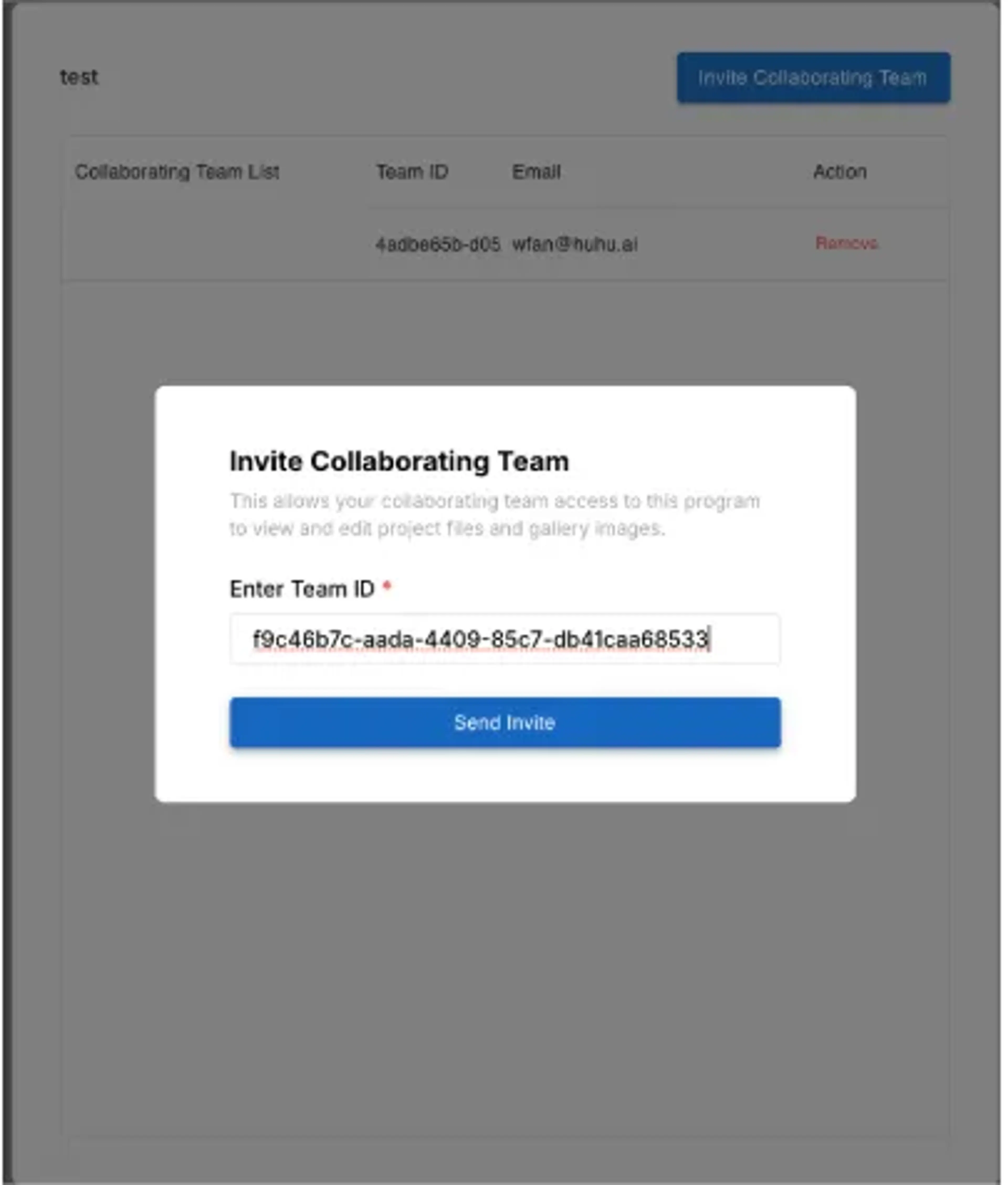 Enter collaborating team ID
