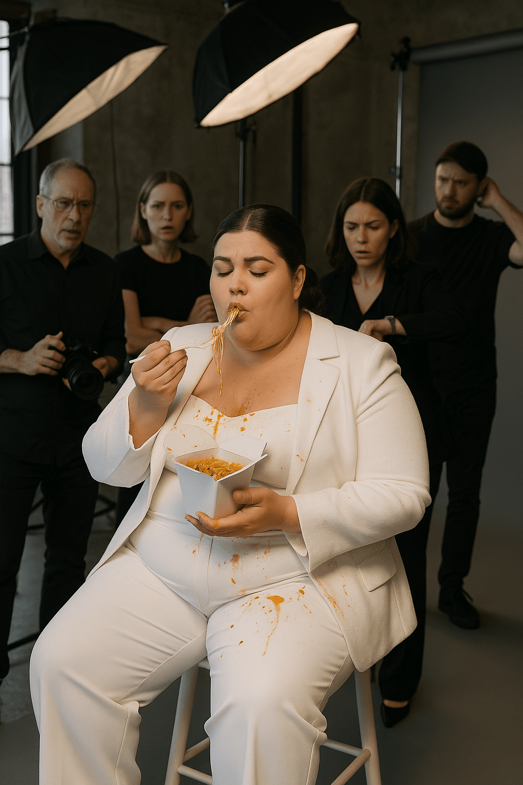 plus sized model having snacks in a studio