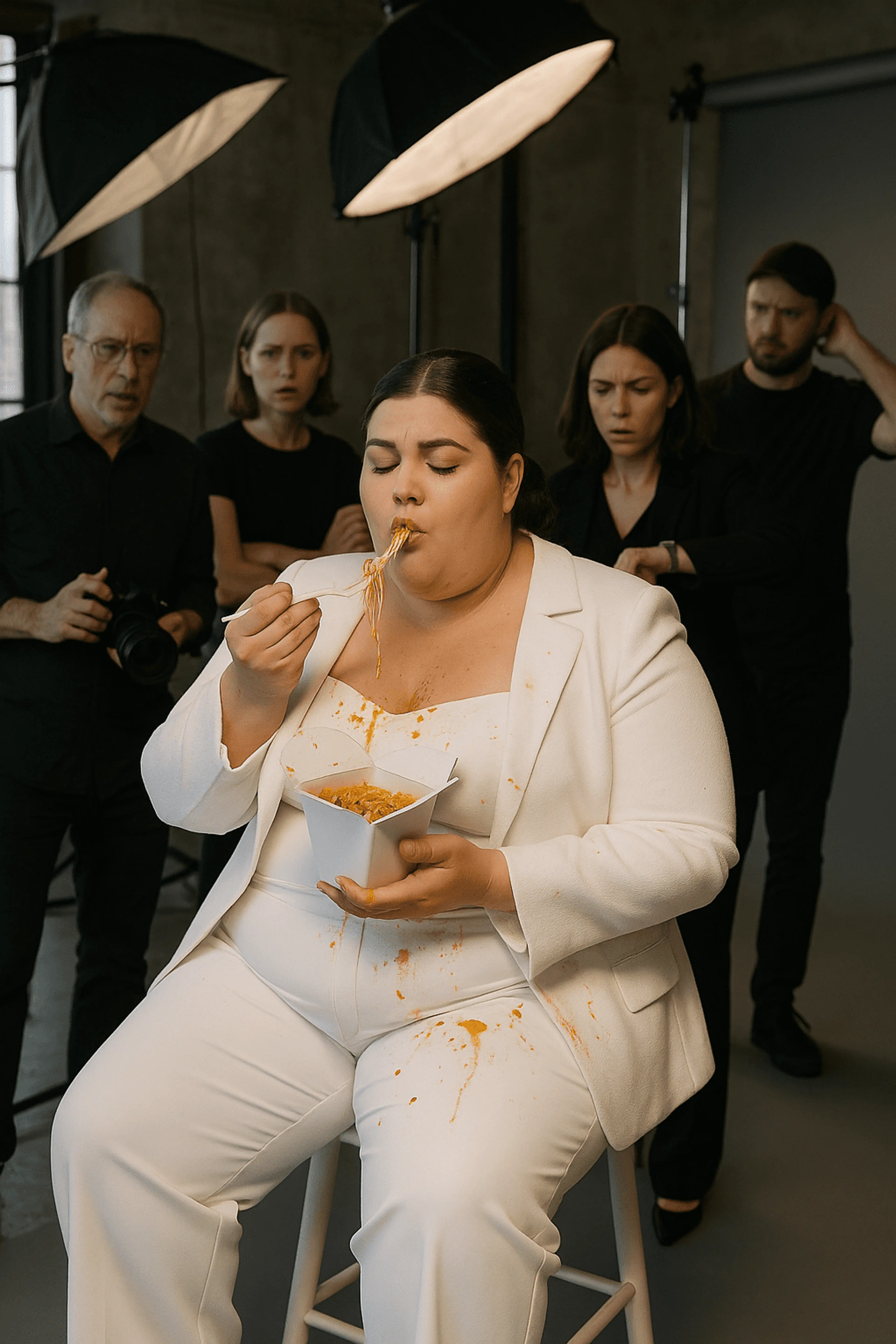 plus sized model having snacks in a studio