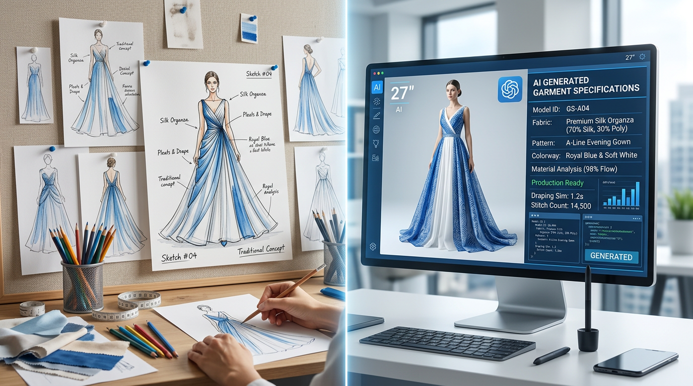 Traditional fashion sketches transforming into AI-generated digital garment specifications