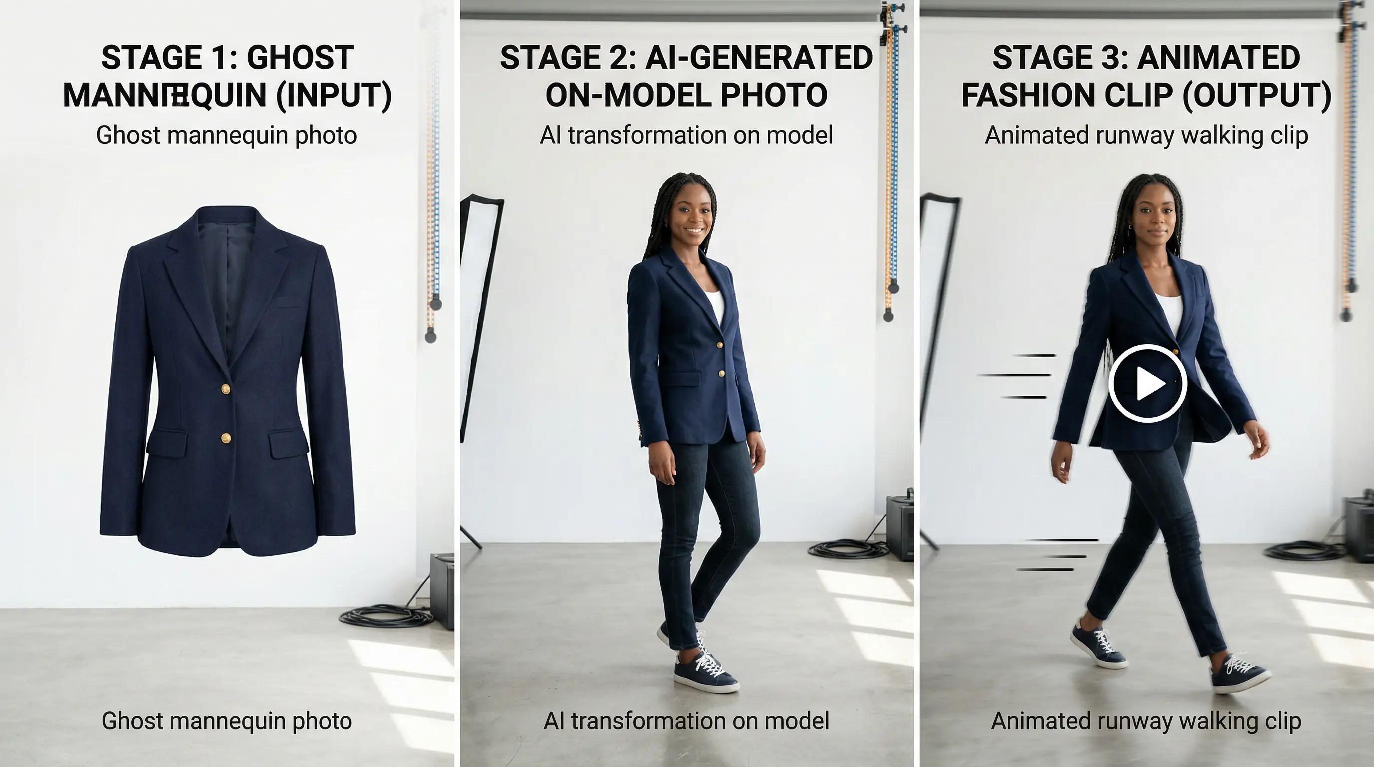 Step-by-step workflow: uploading a ghost mannequin image and receiving an AI-generated fashion video