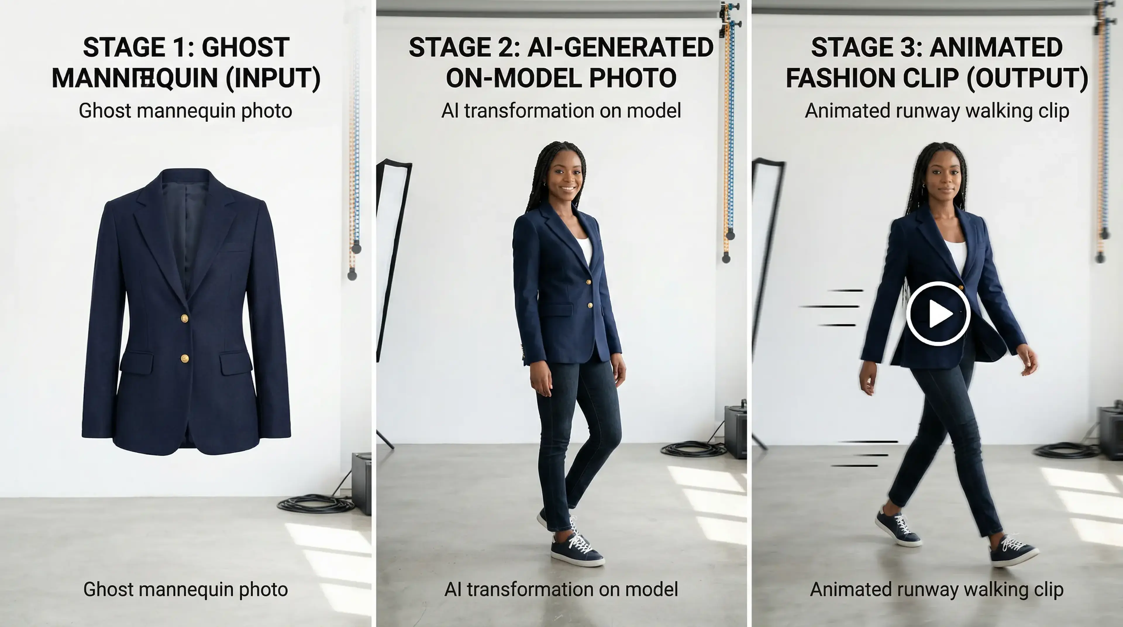 Step-by-step workflow: uploading a ghost mannequin image and receiving an AI-generated fashion video