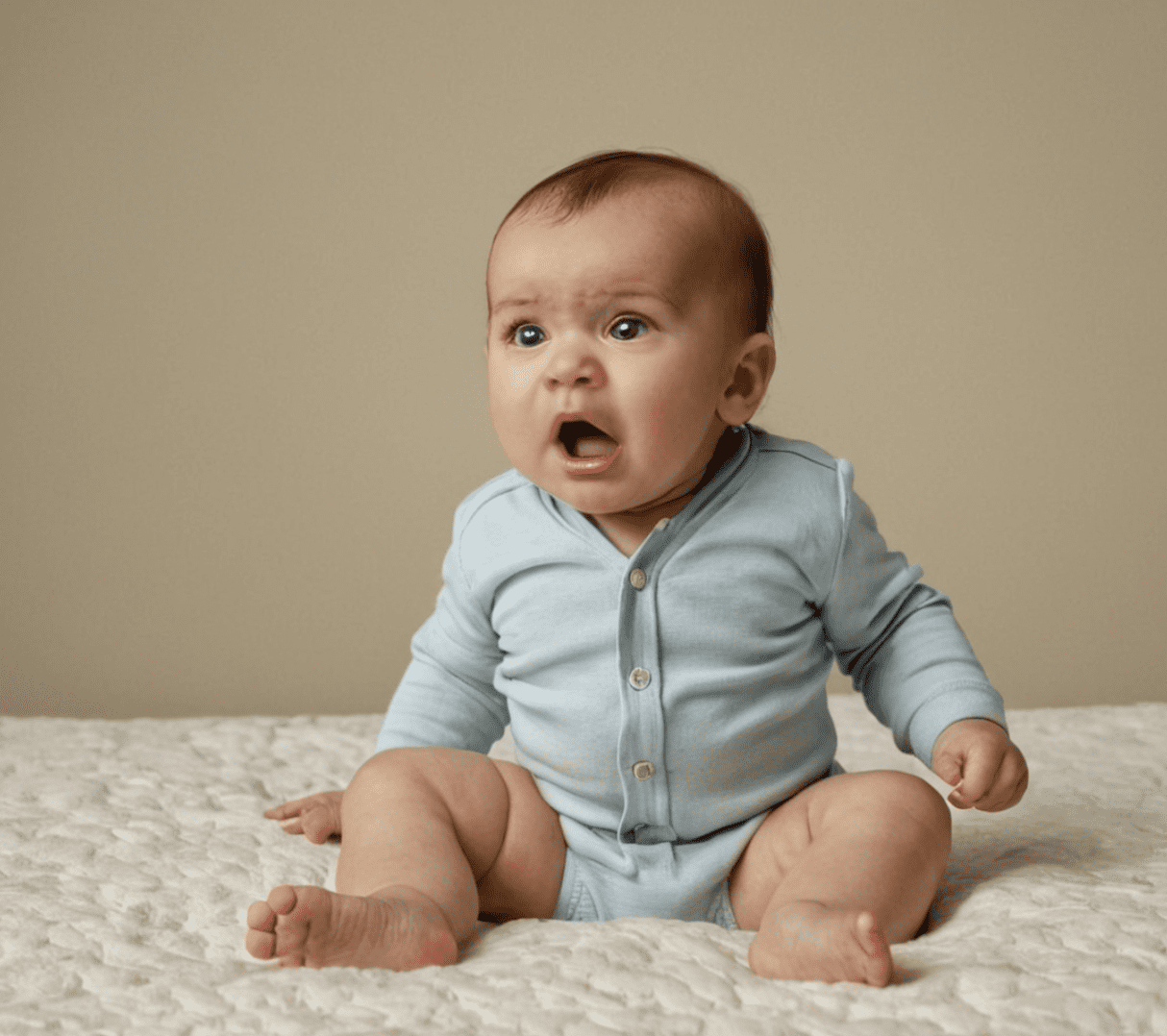 cute baby with open mouth posing for an outfit