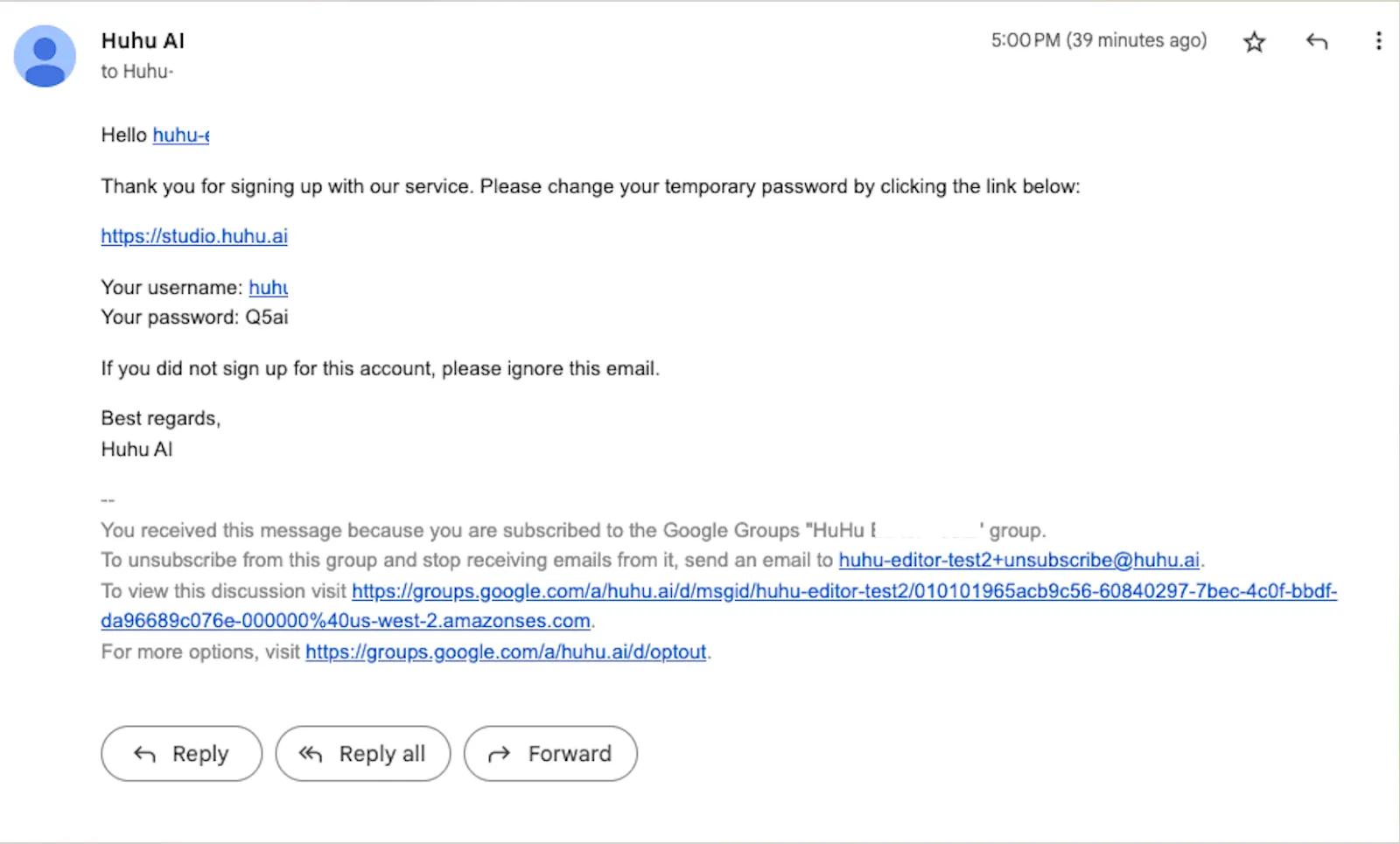 Login credentials received via email