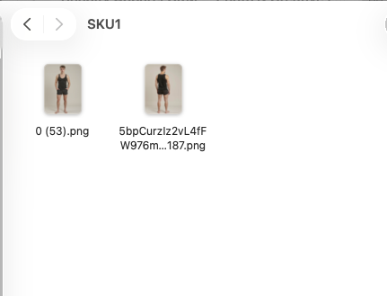 Inside a SKU folder showing model product images in JPG and PNG format