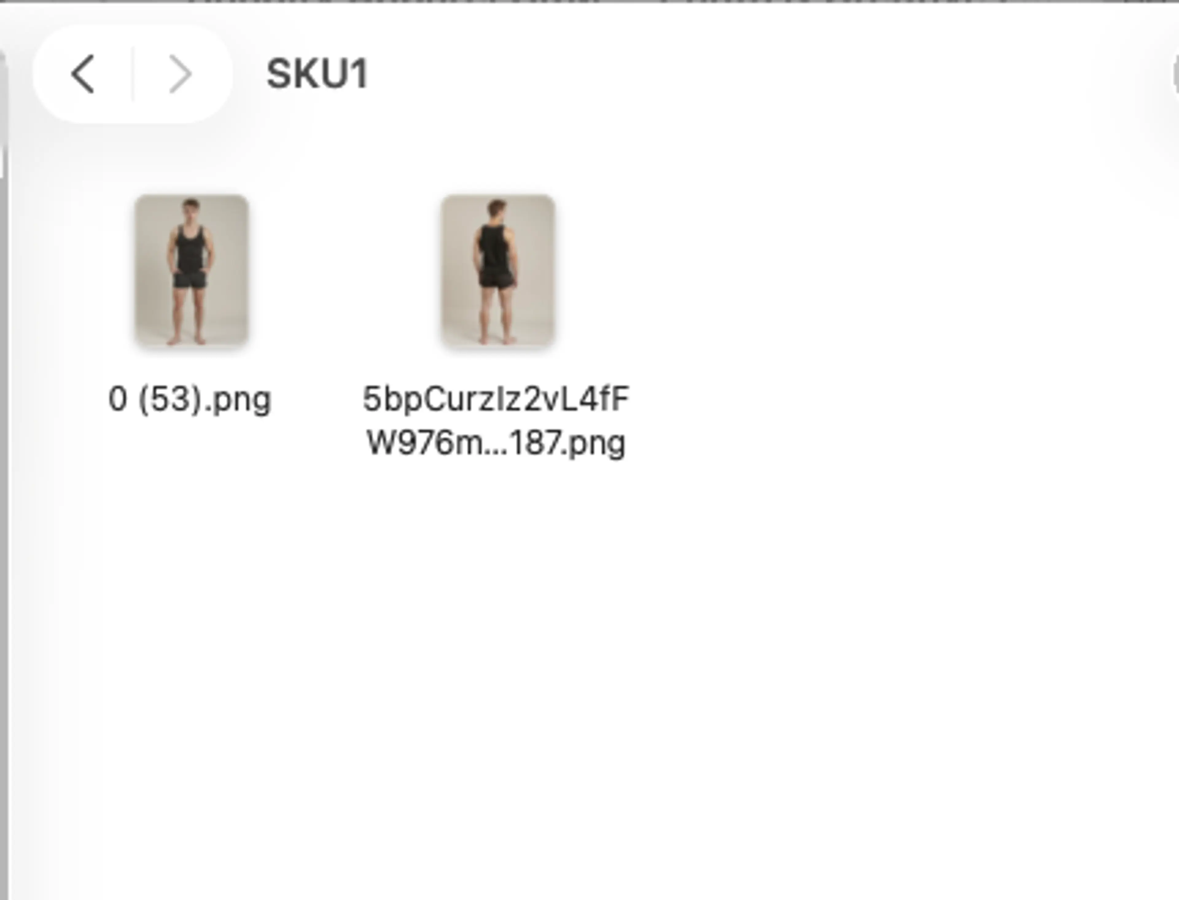 Inside a SKU folder showing model product images in JPG and PNG format