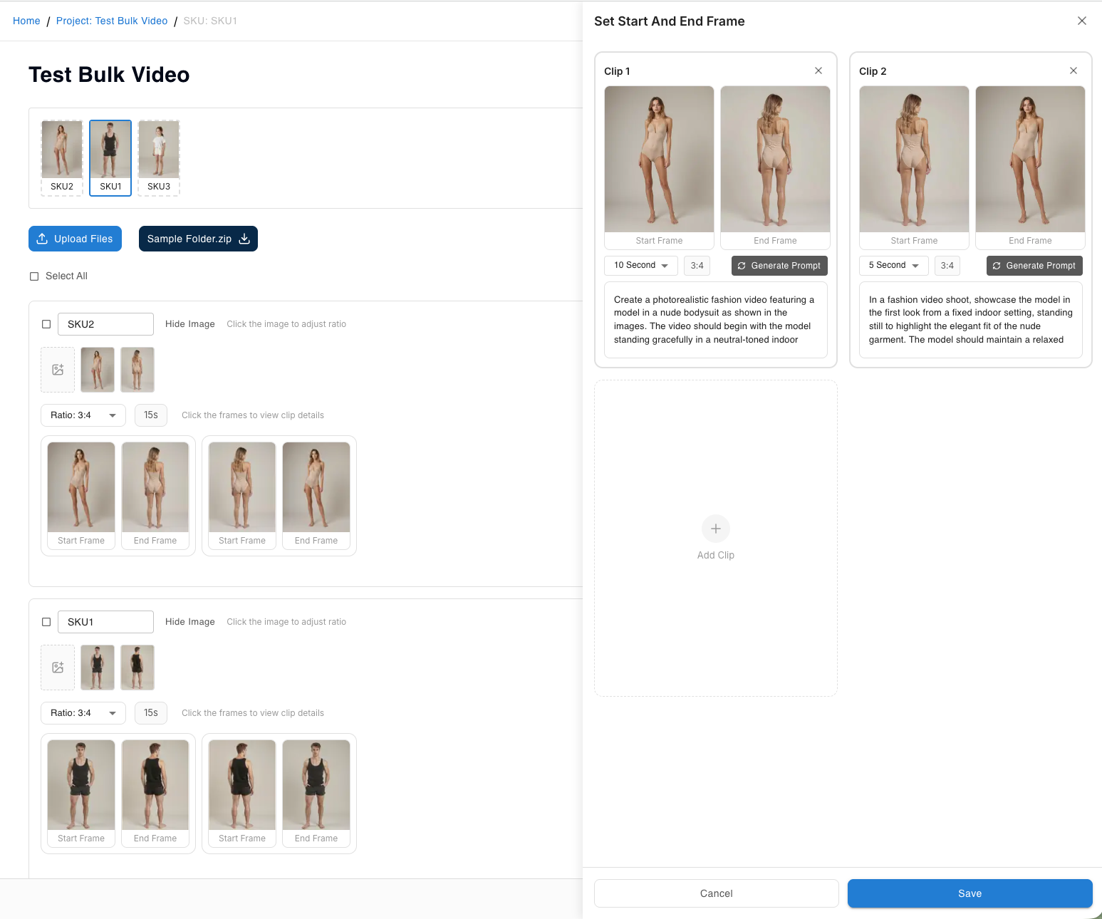 Set Start And End Frame panel showing clip details with AI-generated prompts