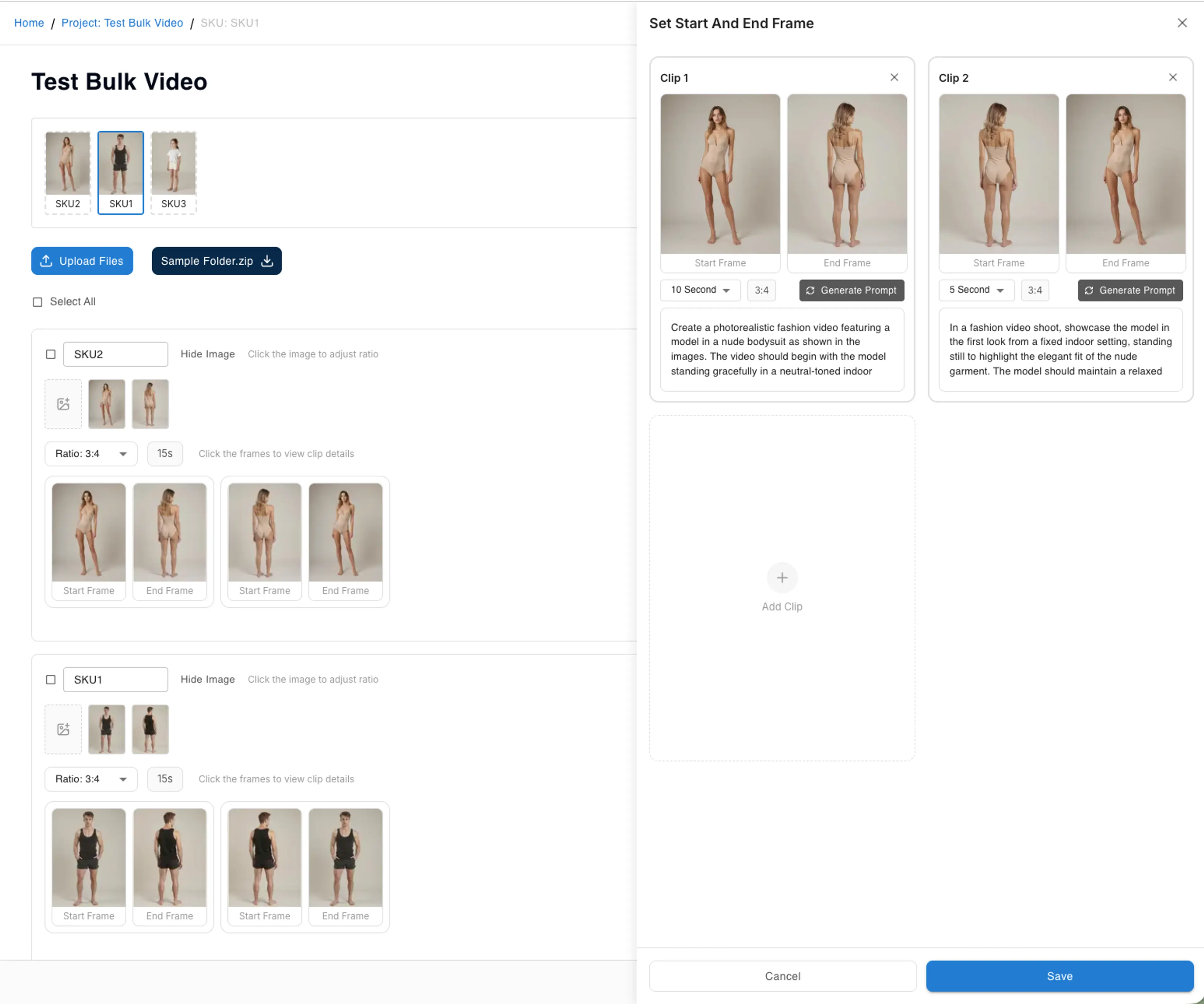 Set Start And End Frame panel showing clip details with AI-generated prompts