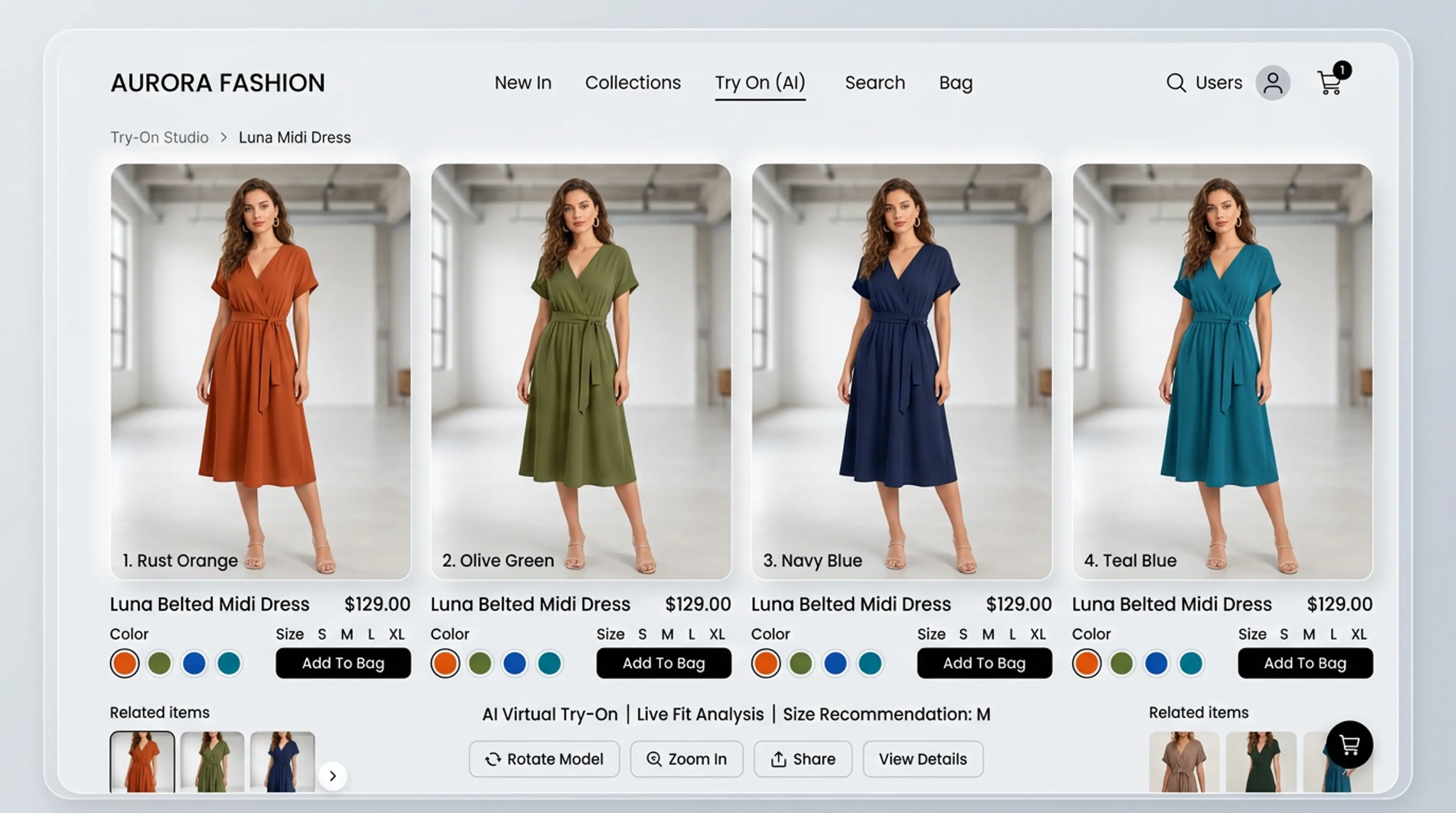AI virtual try-on interface showing the same fashion garment in four different colorways on a model