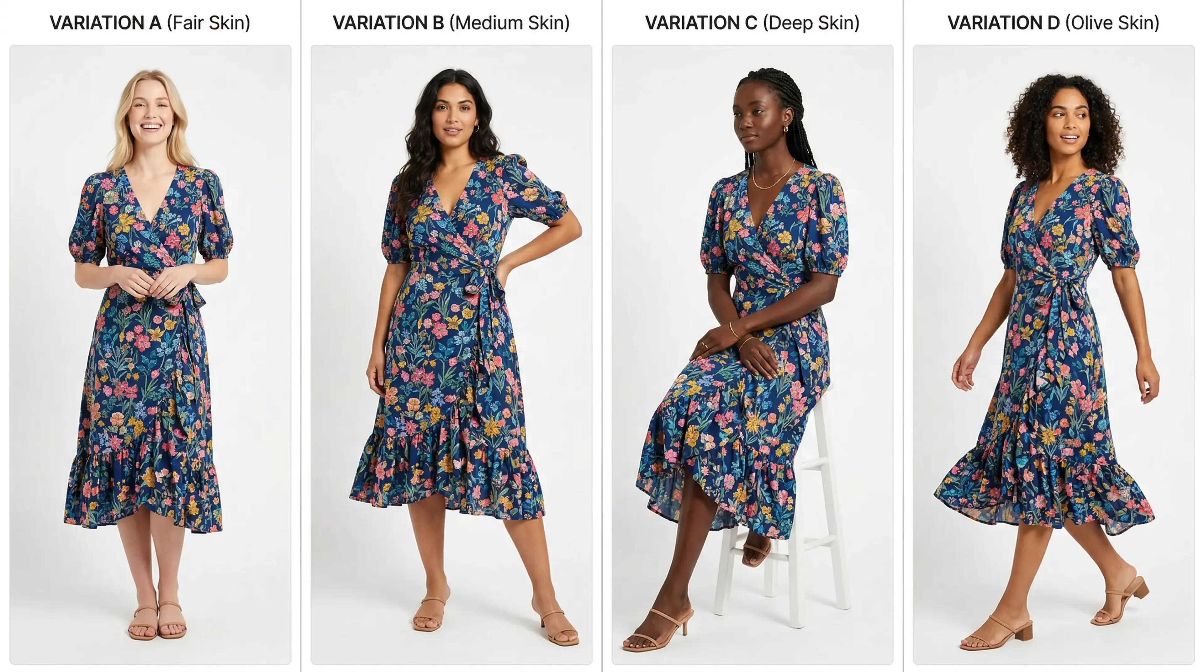 Side-by-side comparison of AI-generated fashion video frames showing fabric movement and model poses