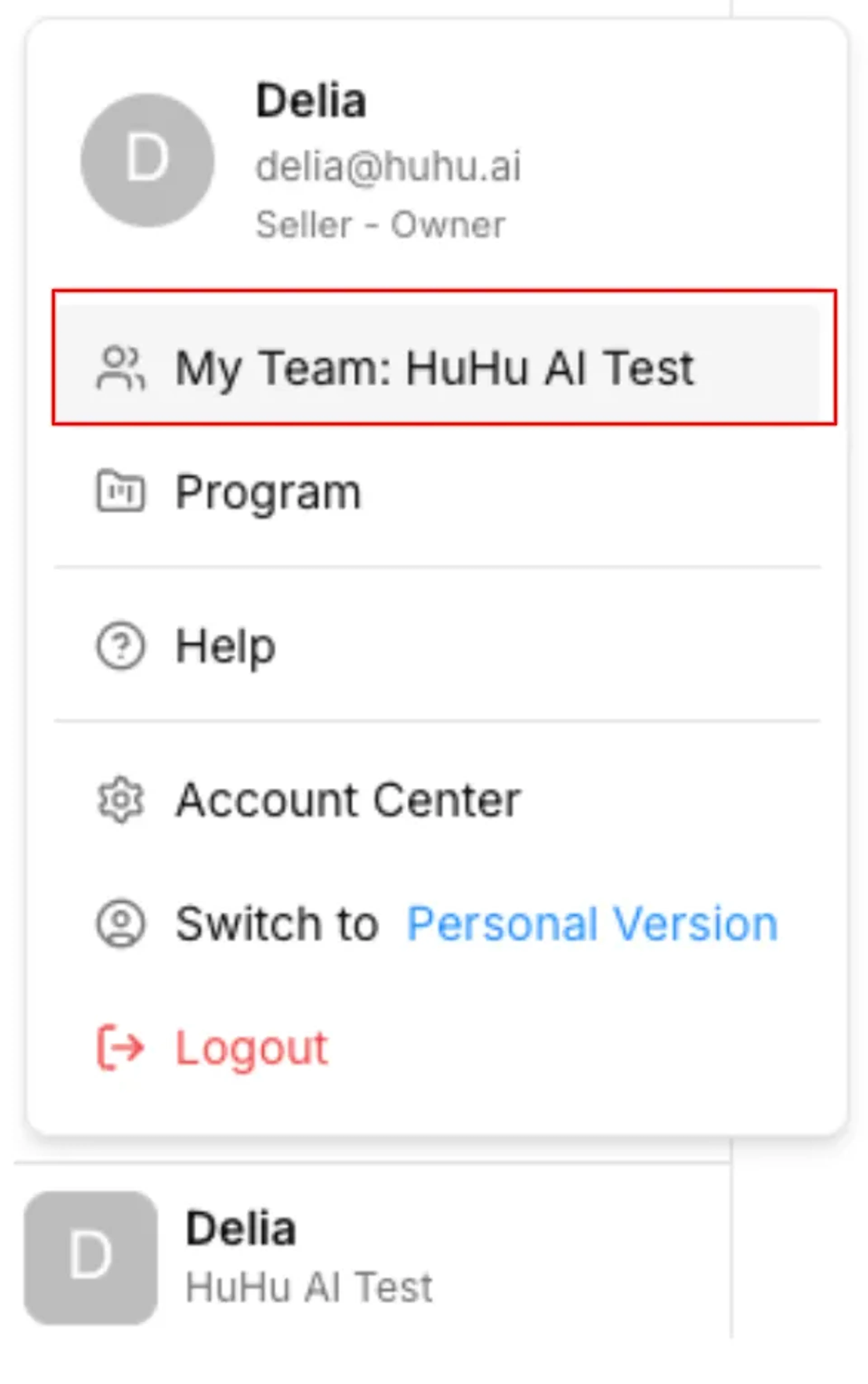 Access Team page from account menu