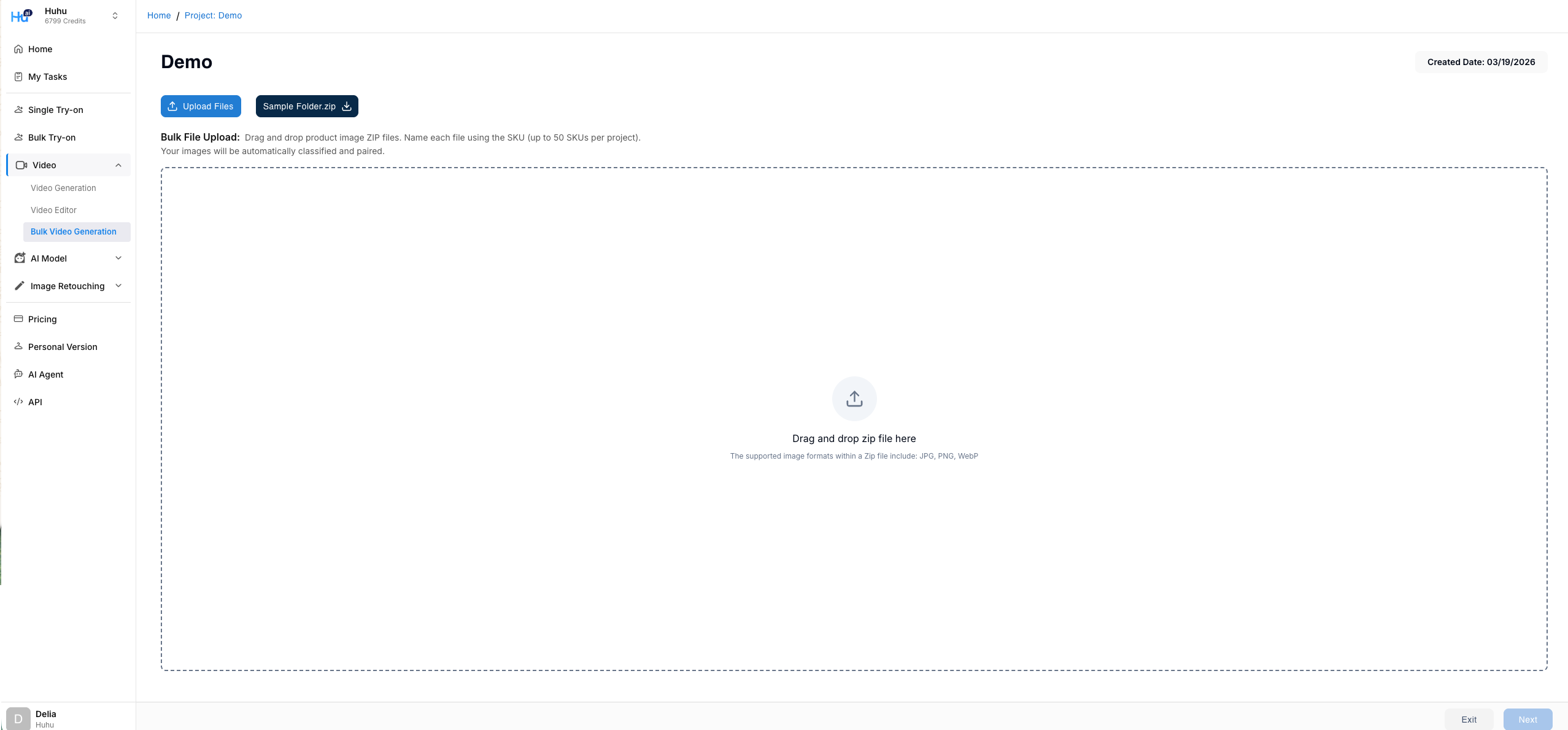 Upload screen with drag and drop area for ZIP files and Upload Files button