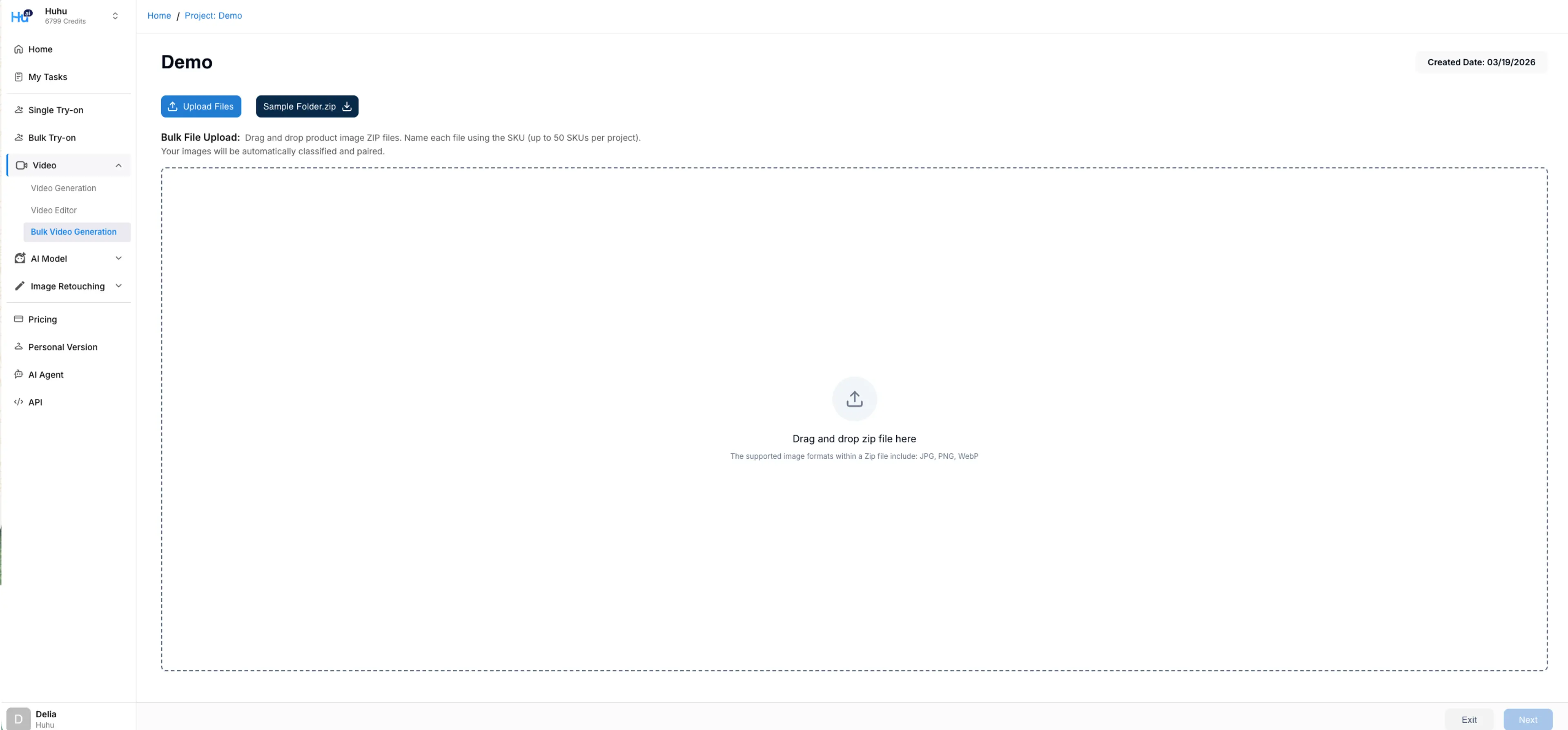 Upload screen with drag and drop area for ZIP files and Upload Files button