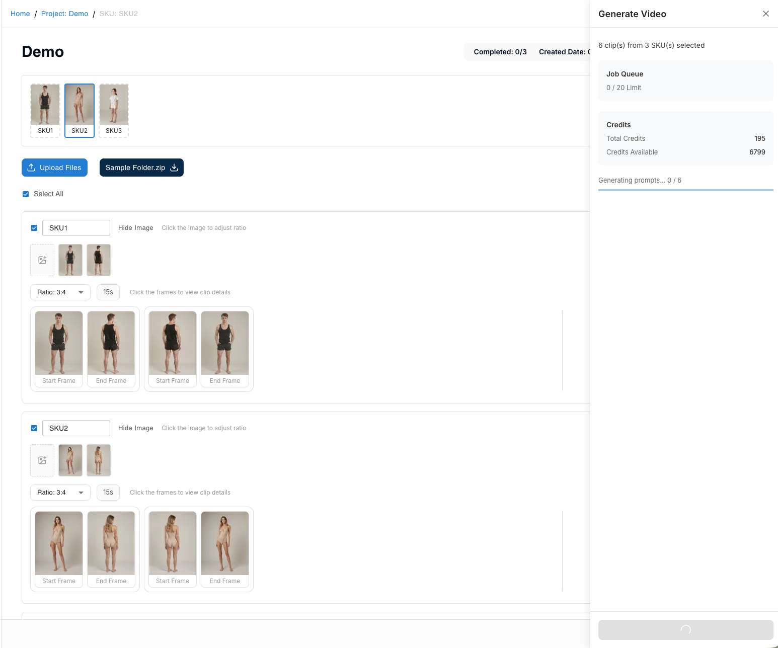 Generate Video panel showing progress bar while generating prompts for all clips