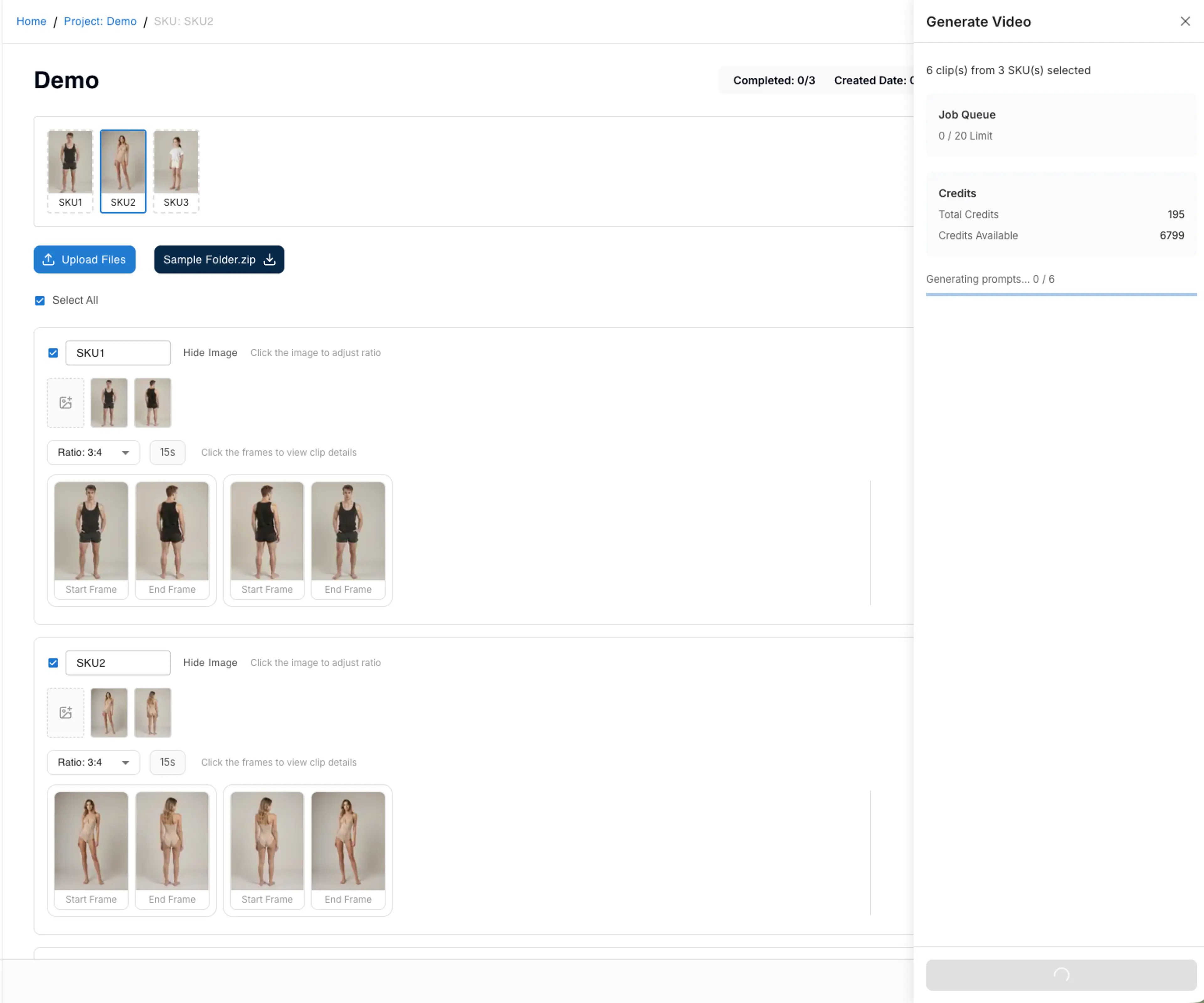 Generate Video panel showing progress bar while generating prompts for all clips
