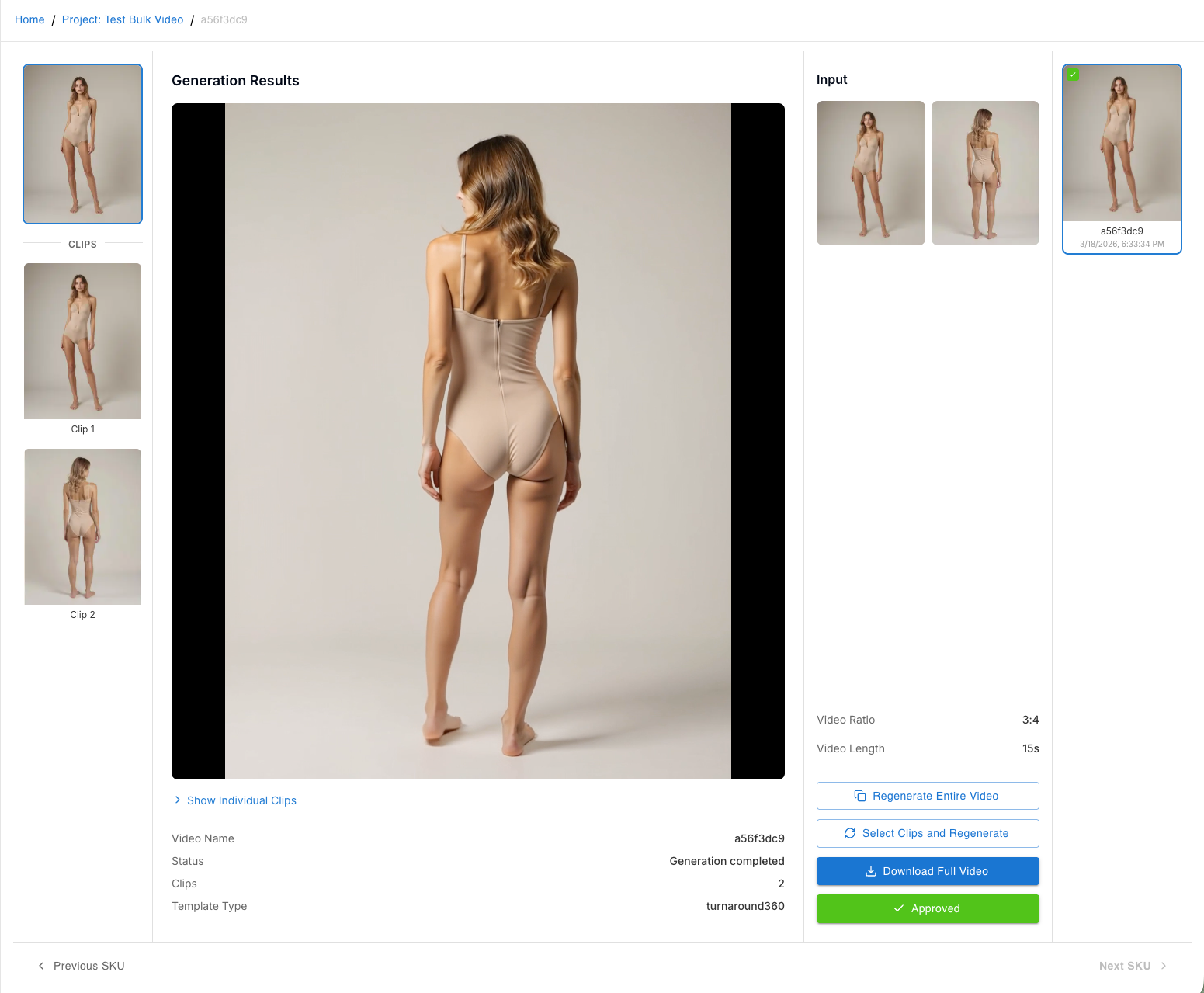 Generated video results showing completed video clips for each SKU