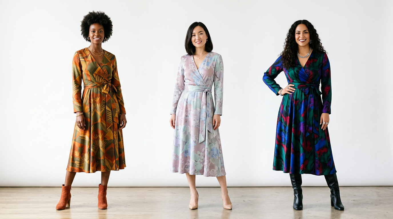 Three diverse fashion models wearing the same dress silhouette in different seasonal colour palettes