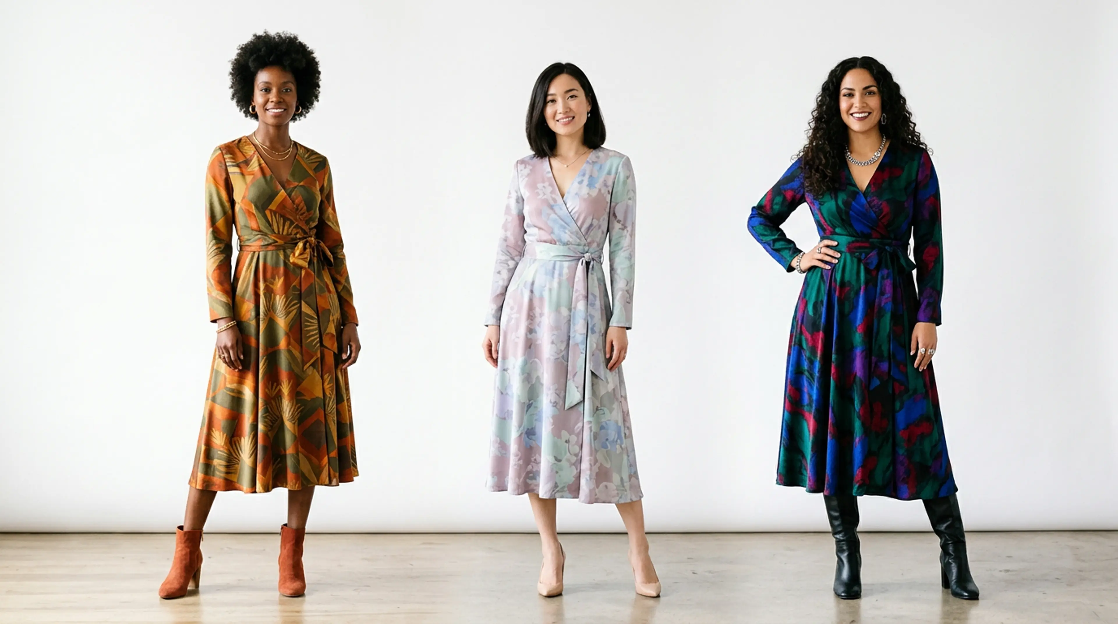 Three diverse fashion models wearing the same dress silhouette in different seasonal colour palettes