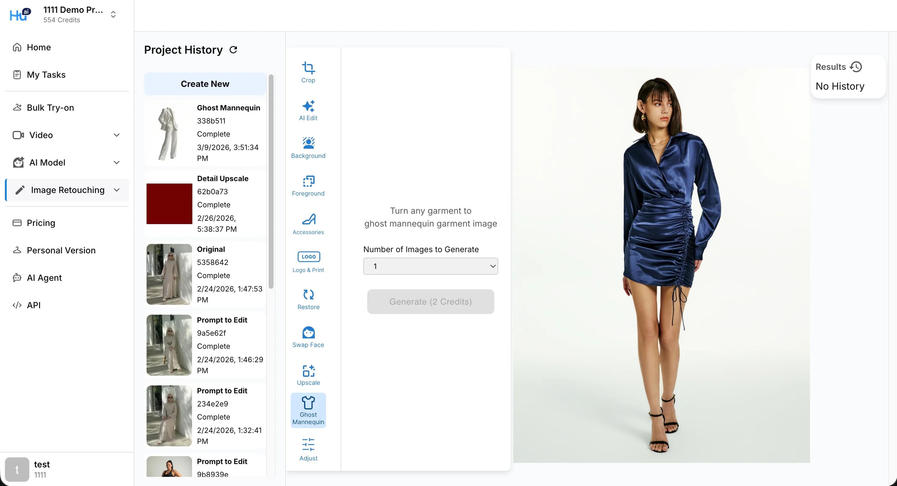 Upload garment image and click Generate to create ghost mannequin