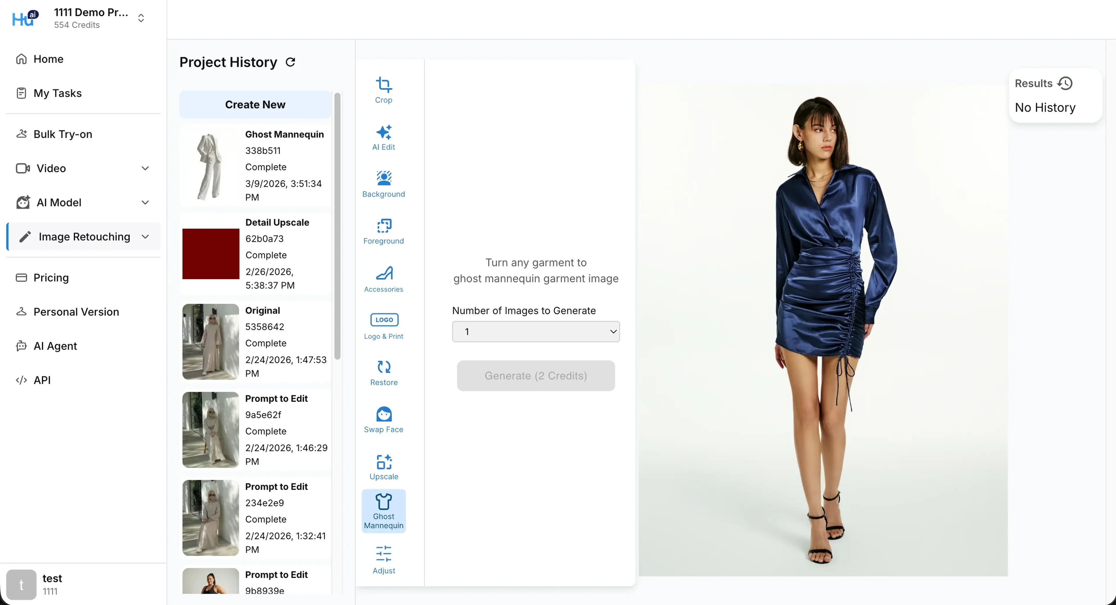 Upload garment image and click Generate to create ghost mannequin