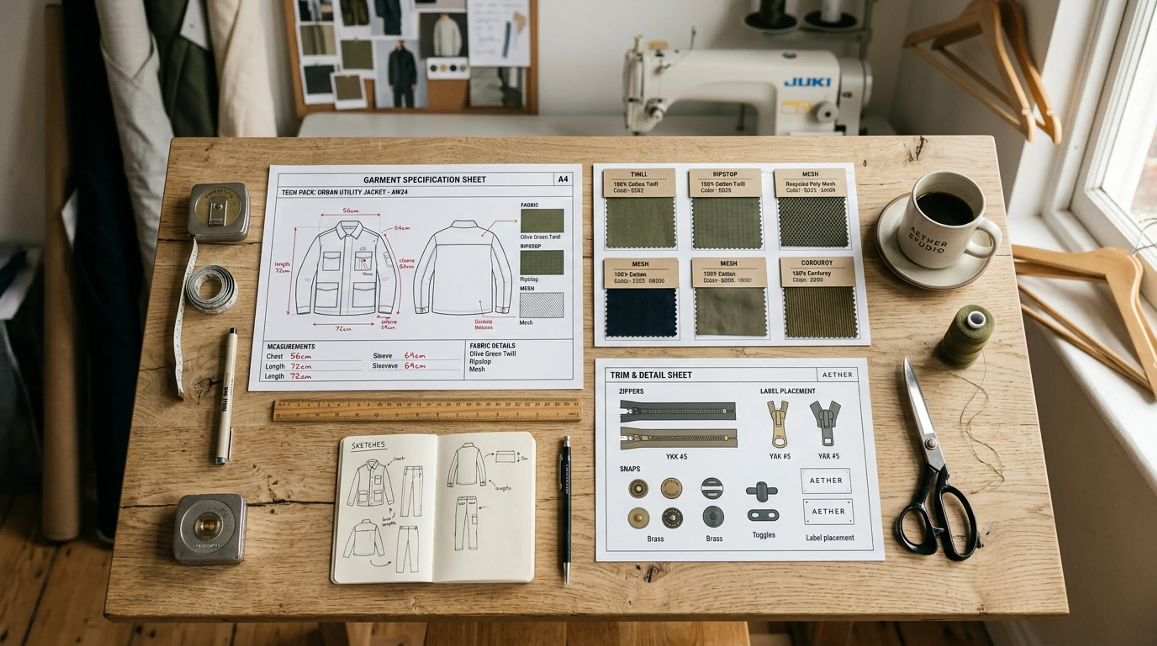 Fashion tech pack with garment specifications, fabric swatches, and measurement annotations on a modern design workspace