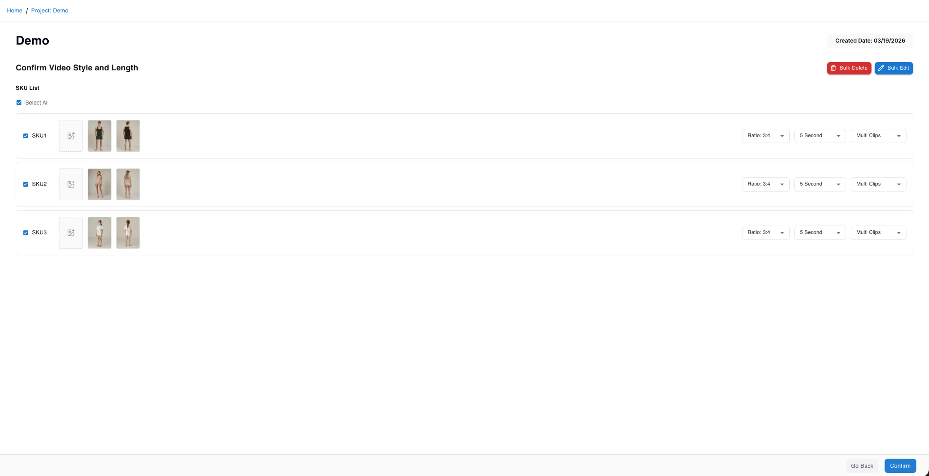 Confirm Video Style and Length page showing SKU list with ratio, duration, and template settings