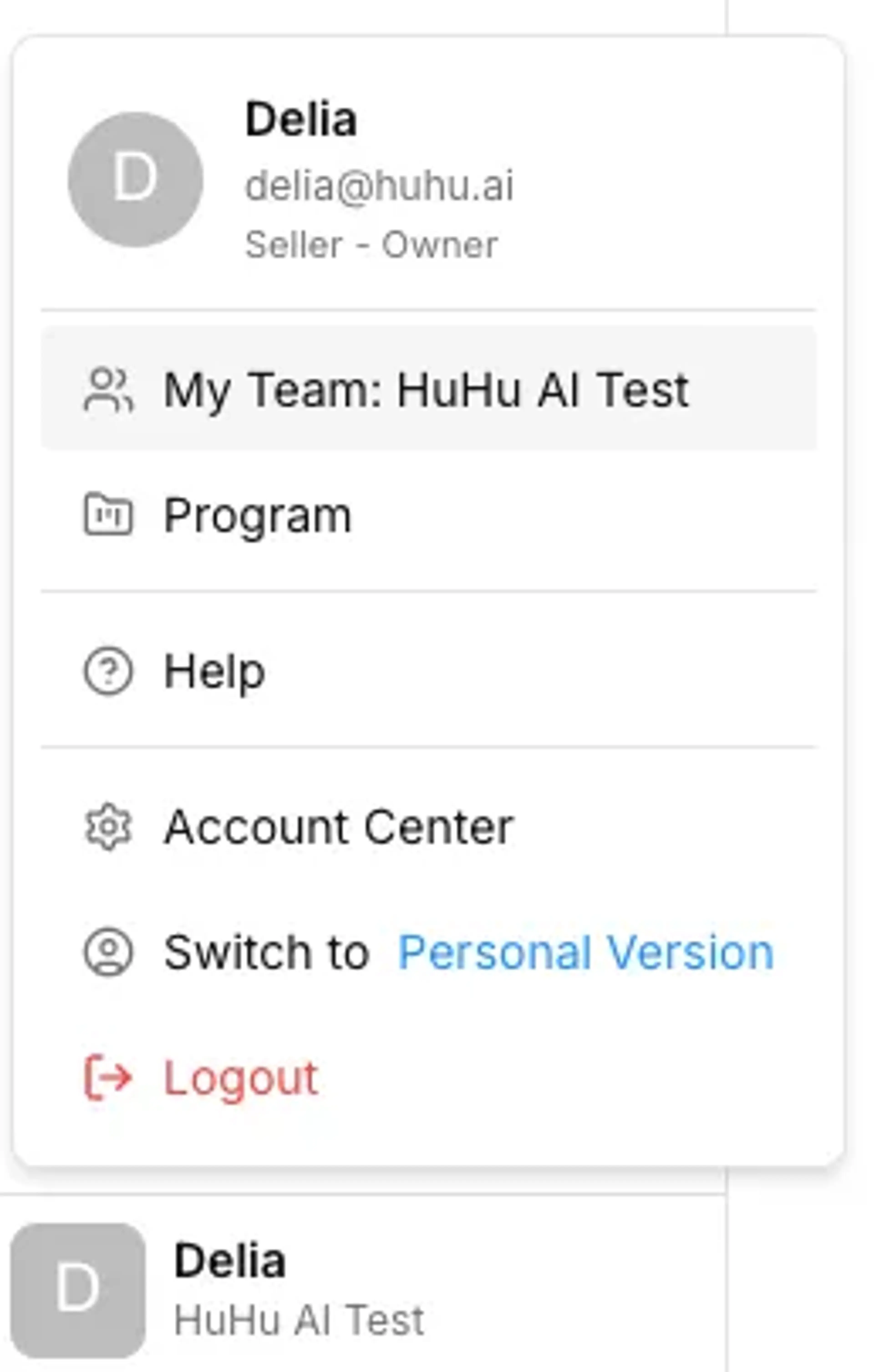 Account menu showing role and team