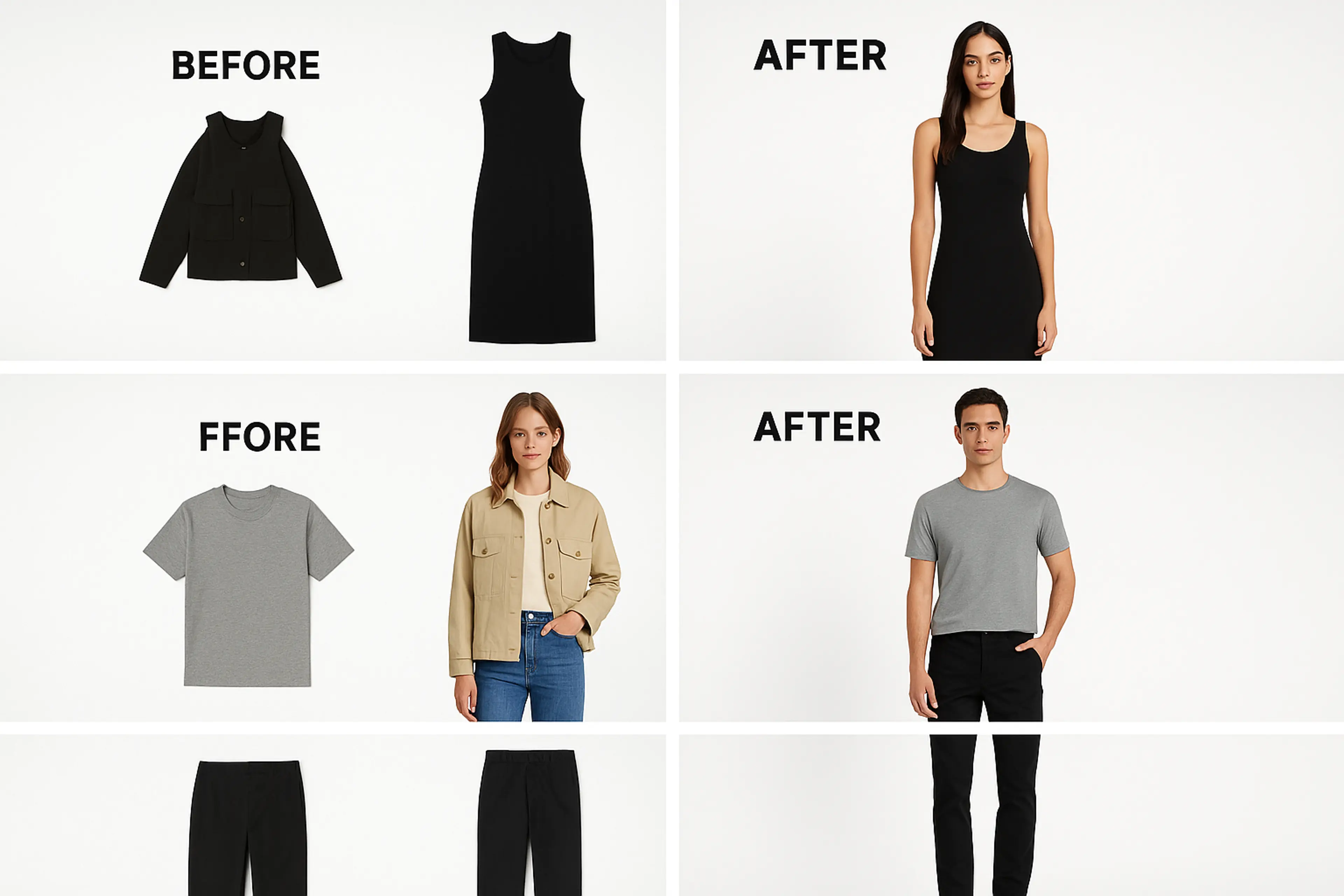 Before and after comparison showing flat lay to on-model AI conversion