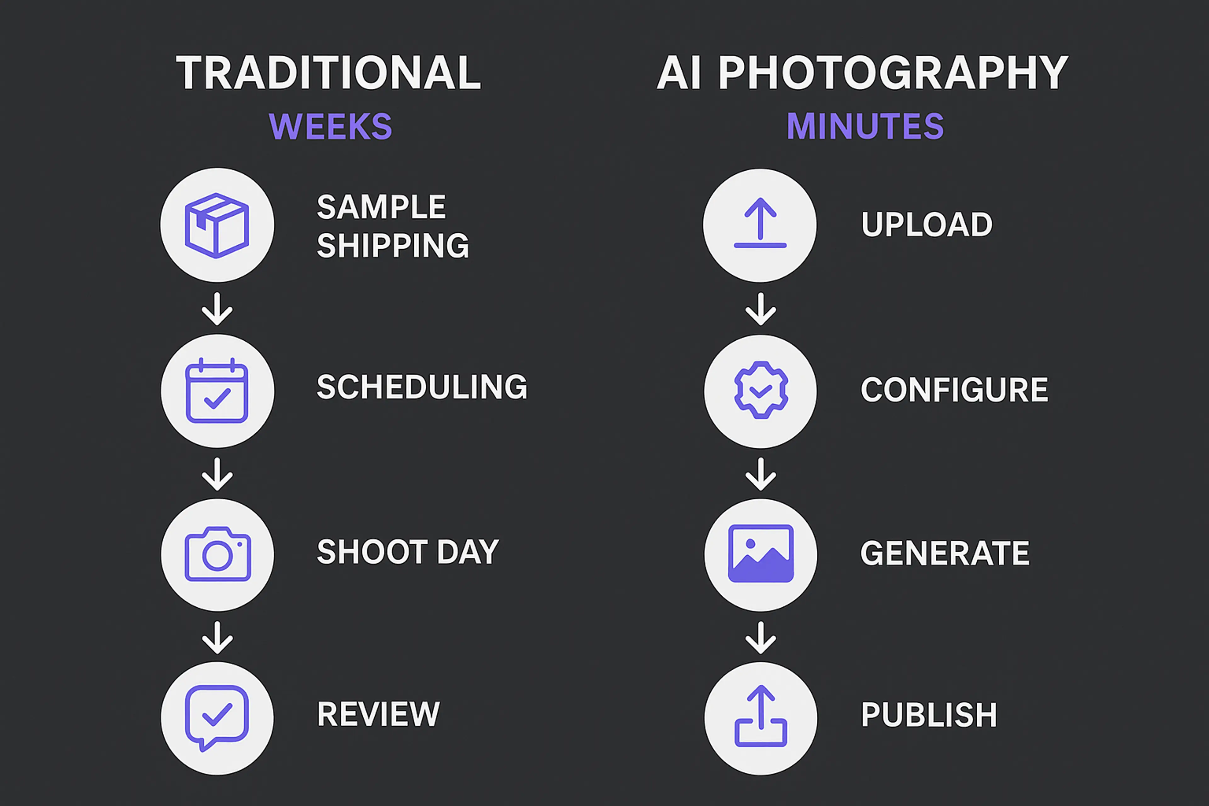Workflow comparison: traditional photography timeline vs AI photography timeline