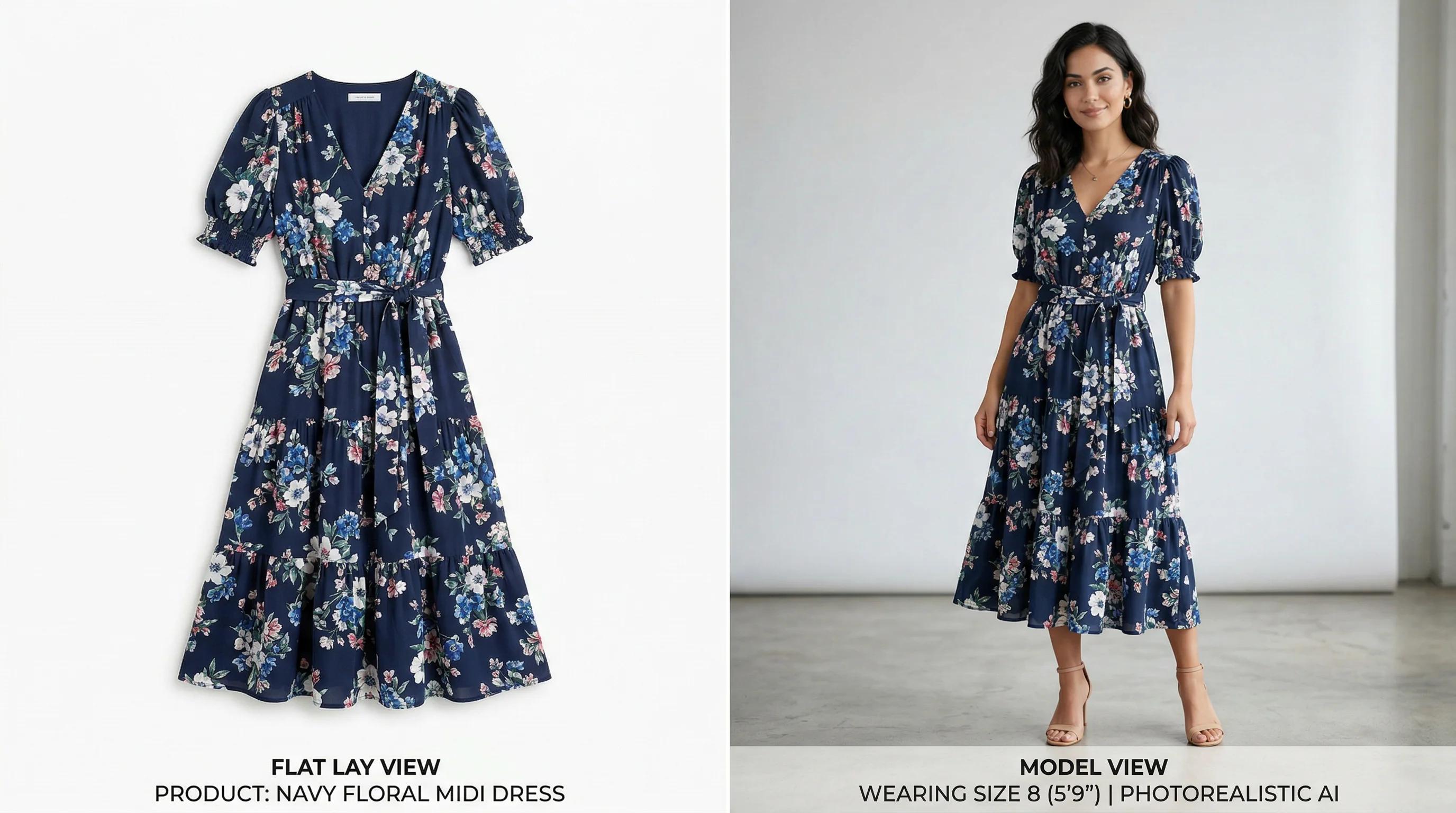 Comparison of flat lay versus AI fashion model on-model product photography for eCommerce