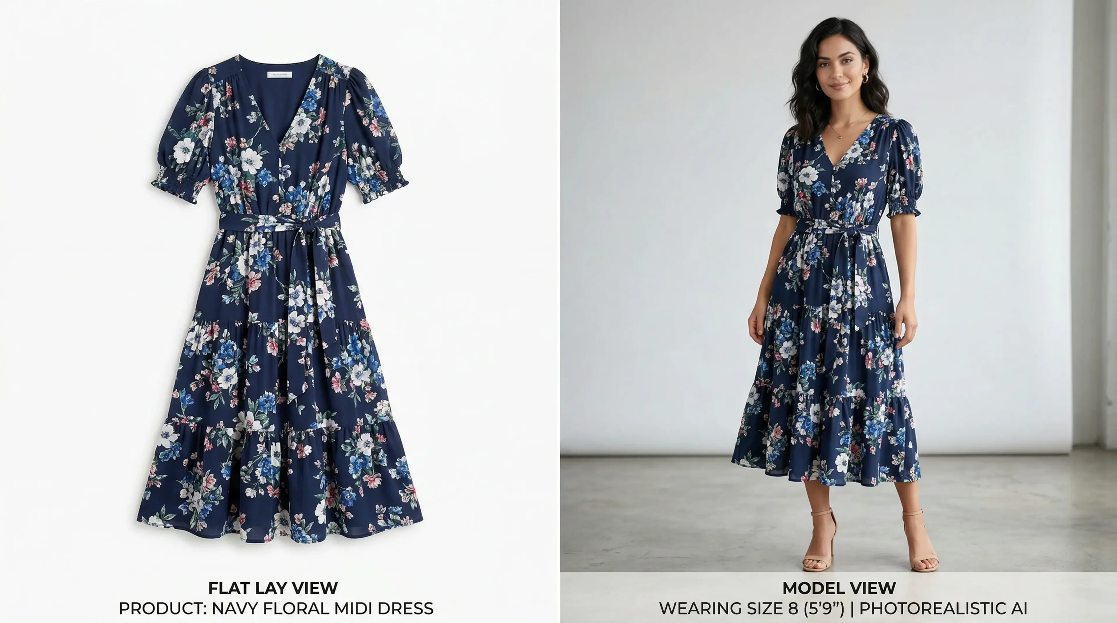 Comparison of flat lay versus AI fashion model on-model product photography for eCommerce