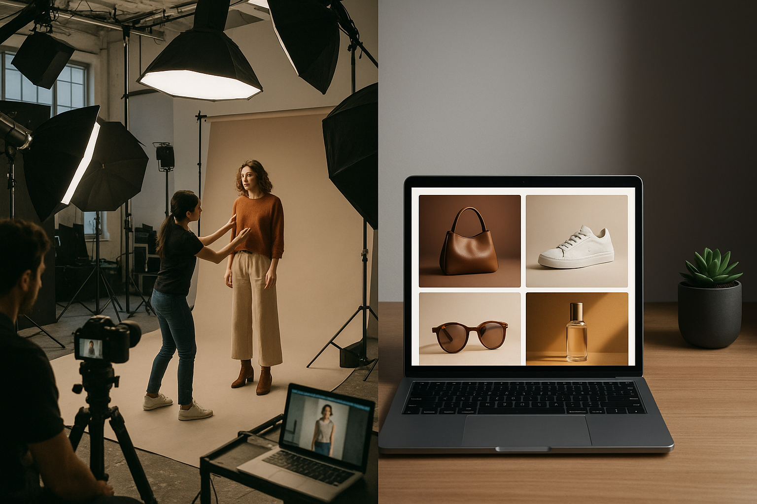 Side-by-side comparison of traditional photography studio and AI-generated product photos