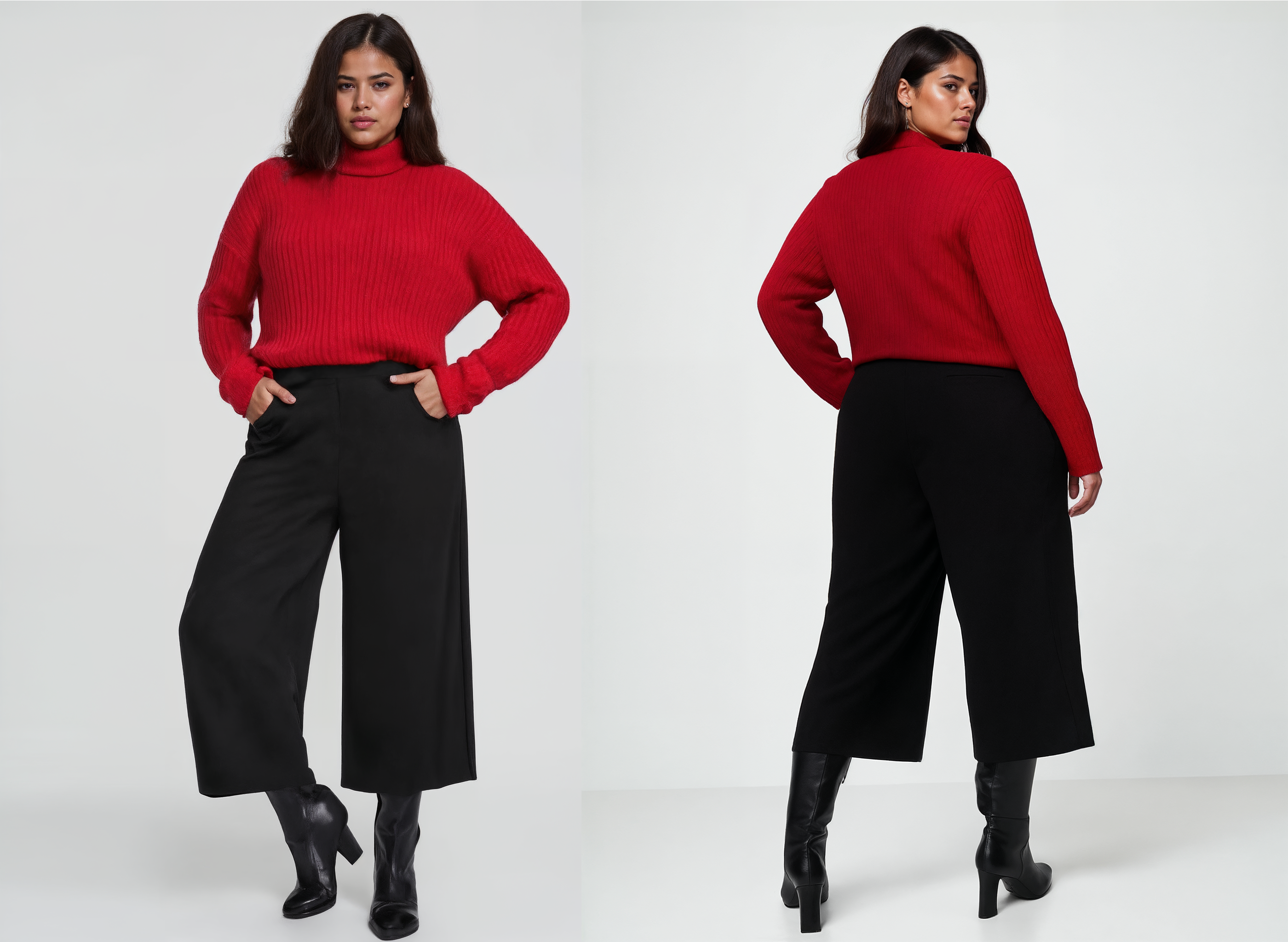 AI model wearing red turtleneck outfit