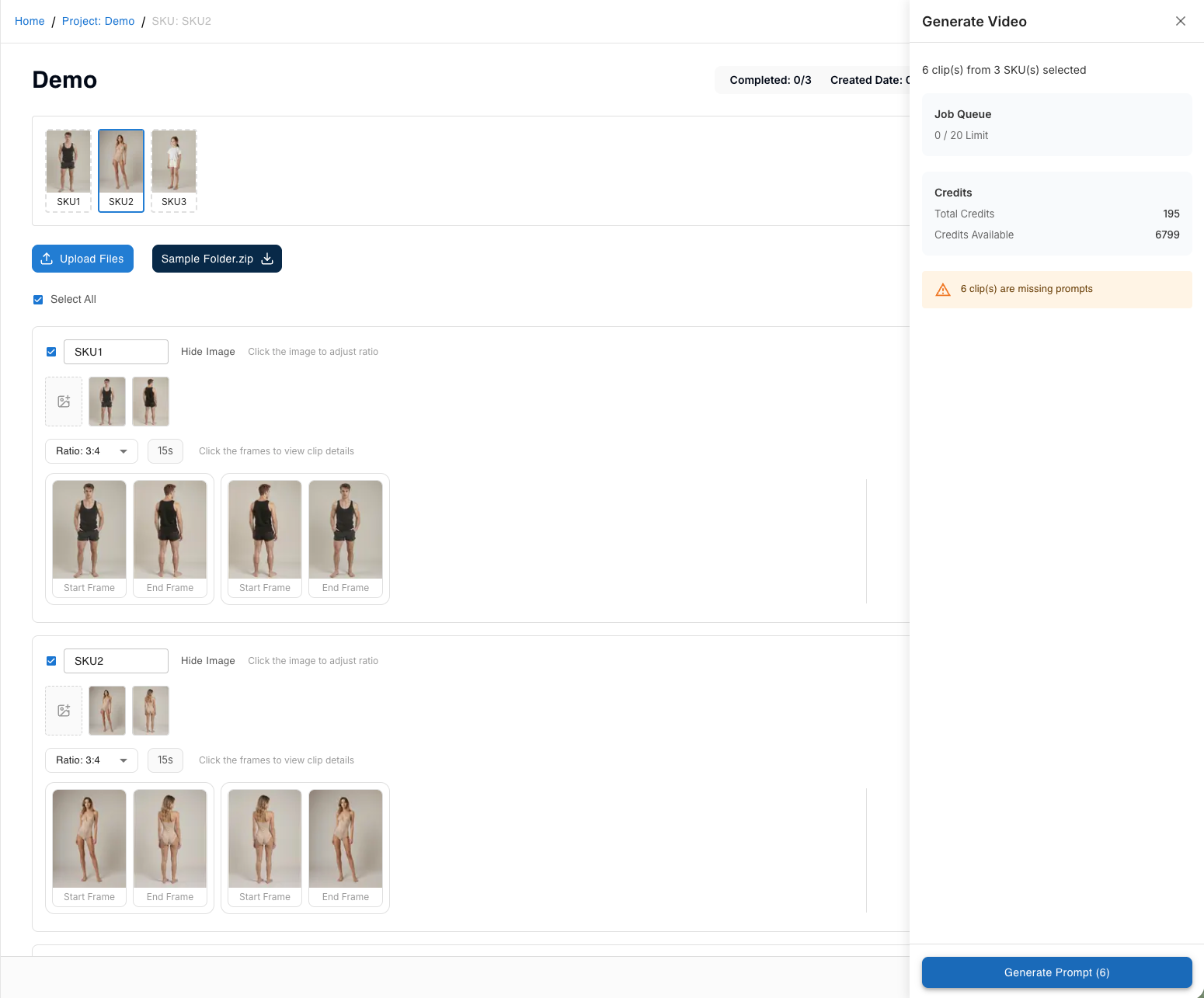 Generate Video side panel showing clip count, credits, and Generate Prompt button