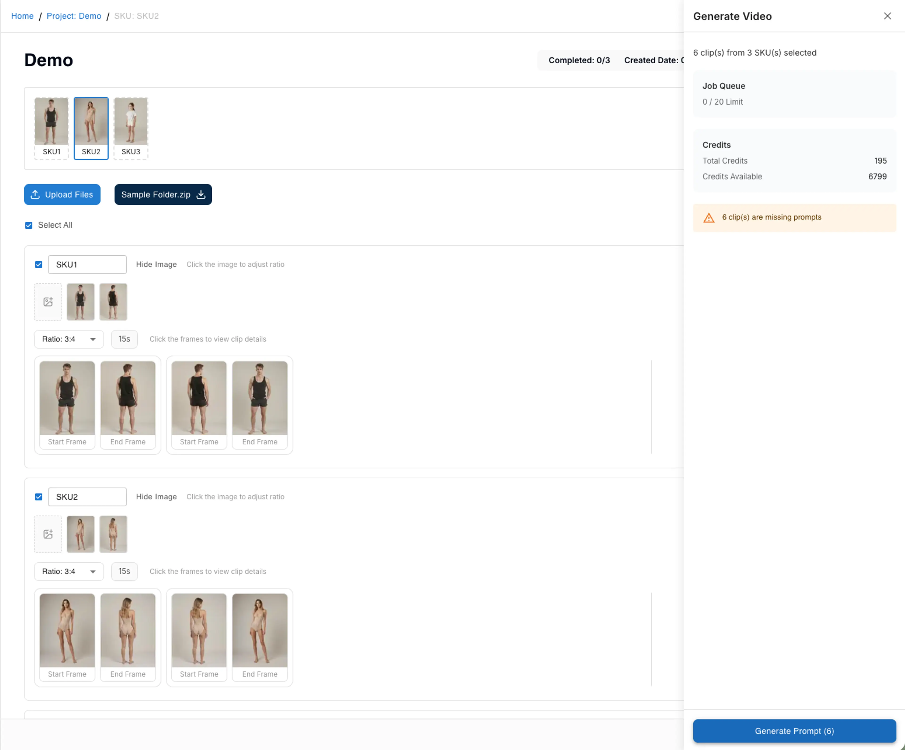 Generate Video side panel showing clip count, credits, and Generate Prompt button