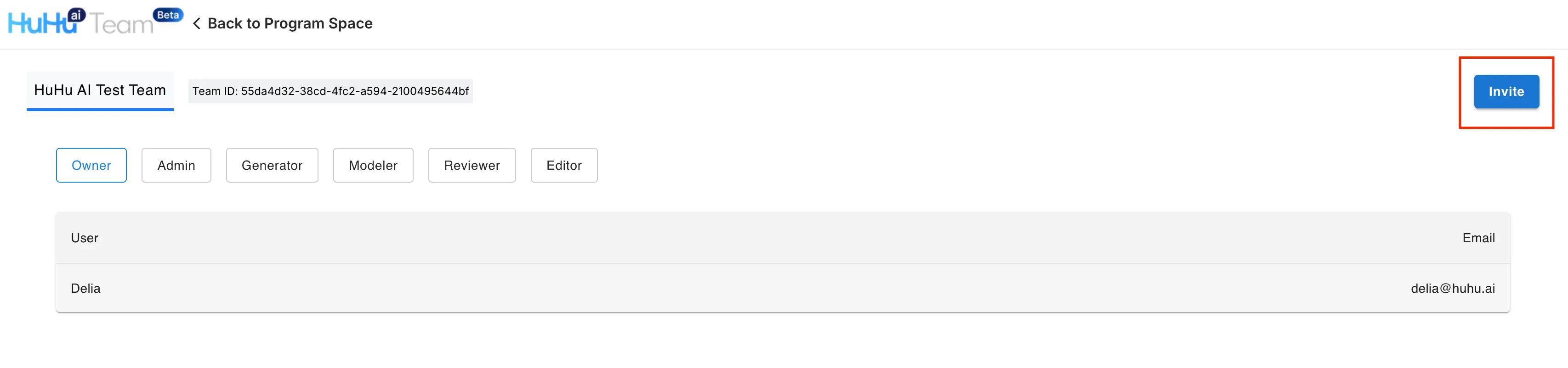 Invite button on Team page