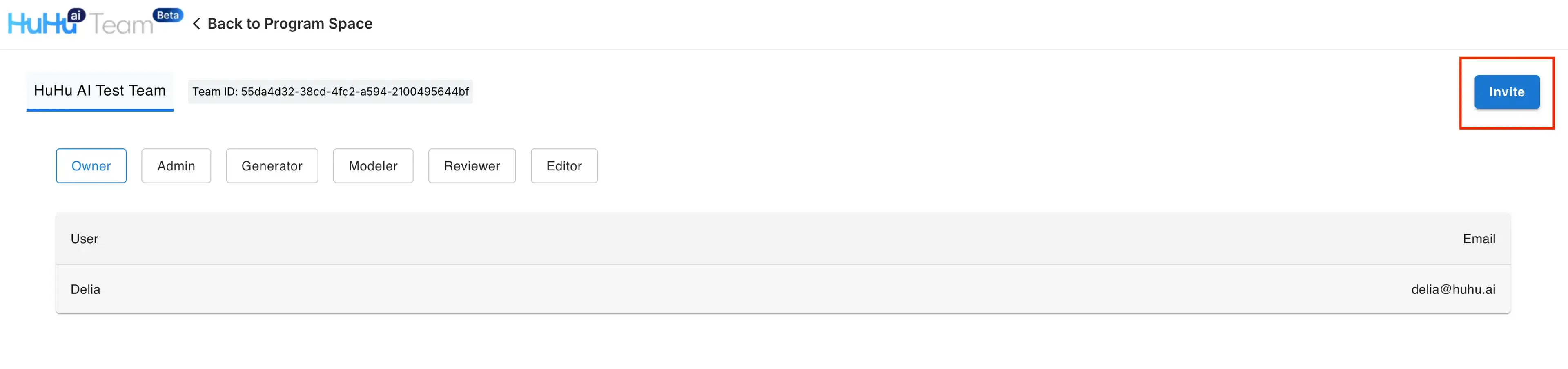Invite button on Team page
