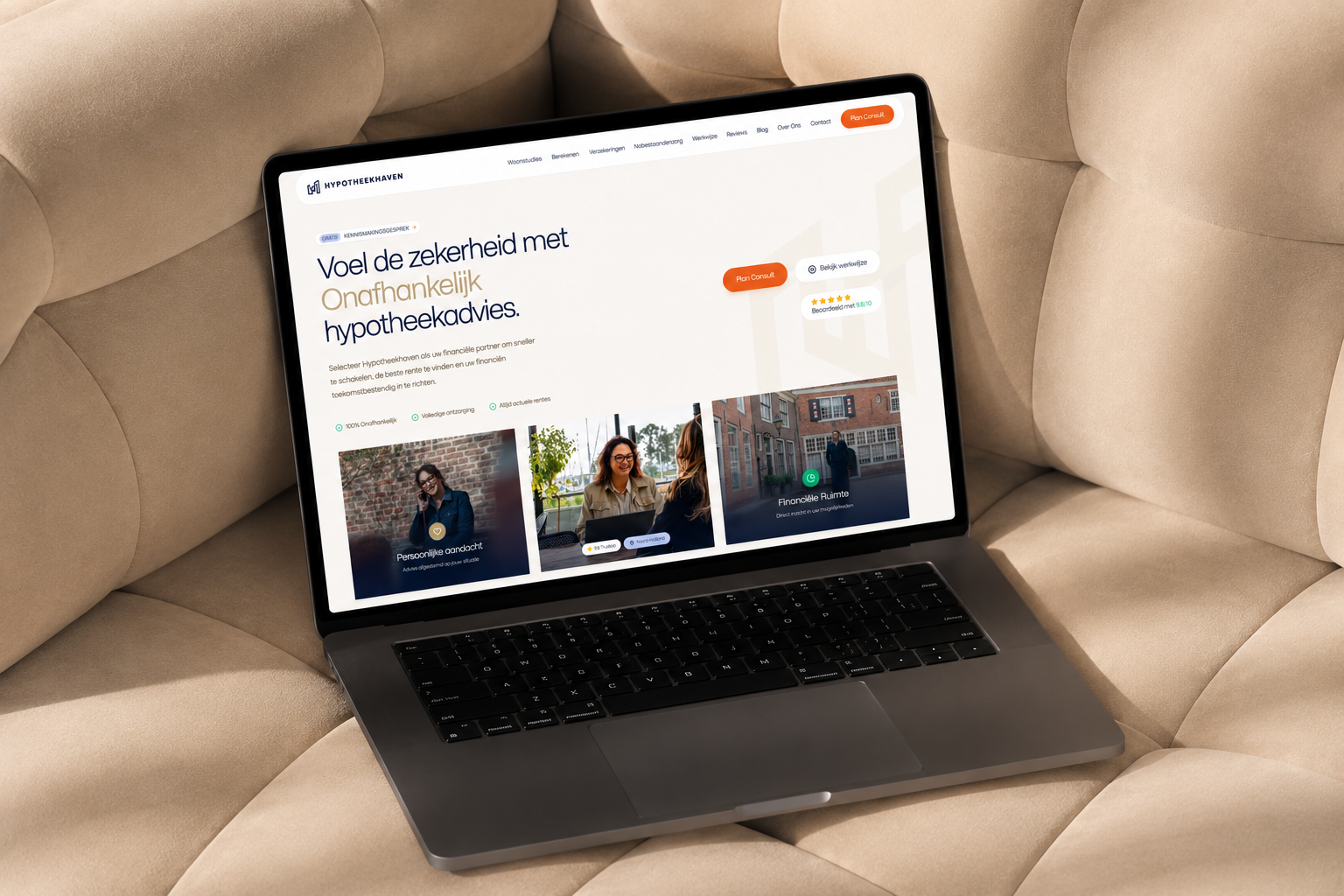 De Hypotheekhaven-website op een laptop: 'Voel de zekerheid met onafhankelijk hypotheekadvies'