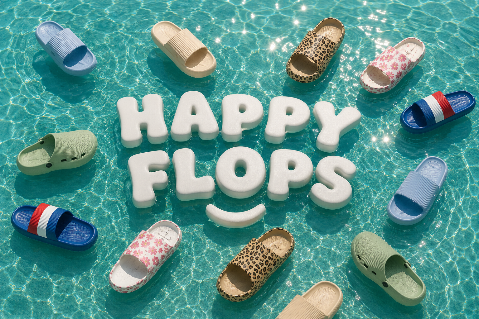 HappyFlops-slides in verschillende kleuren naast elkaar op een houten vloer