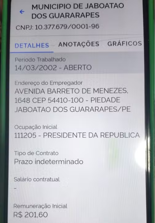 Técnica de enfermagem descobre registro na CTPS Digital como presidente da República há 24 anos