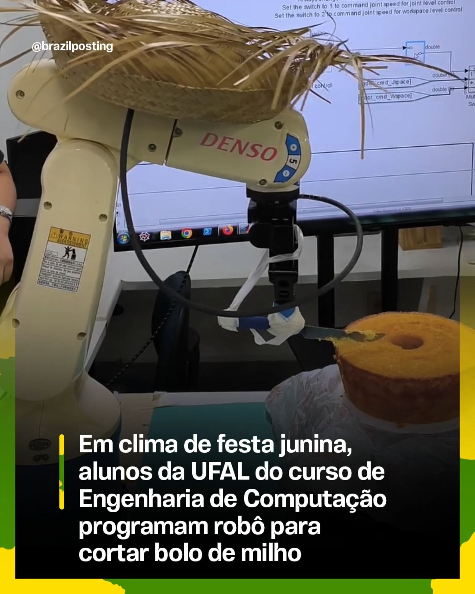 Alunos de Engenharia de Computação da UFAL programam robô industrial para cortar bolo de milho em clima de São João