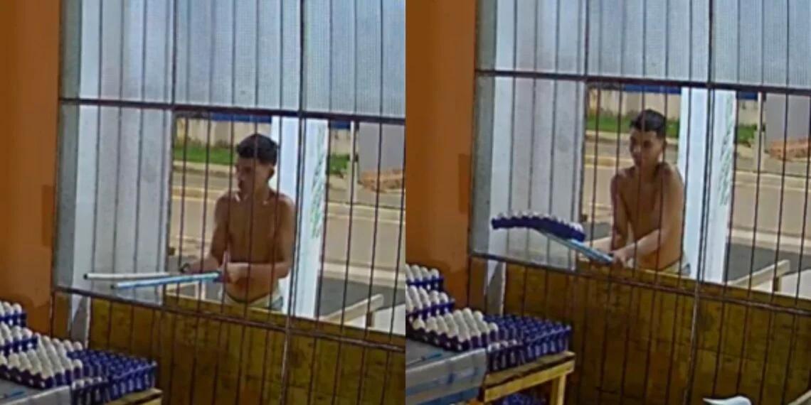 Câmeras registram homem furtando cartelas de ovos com cabo de vassoura no Amazonas
