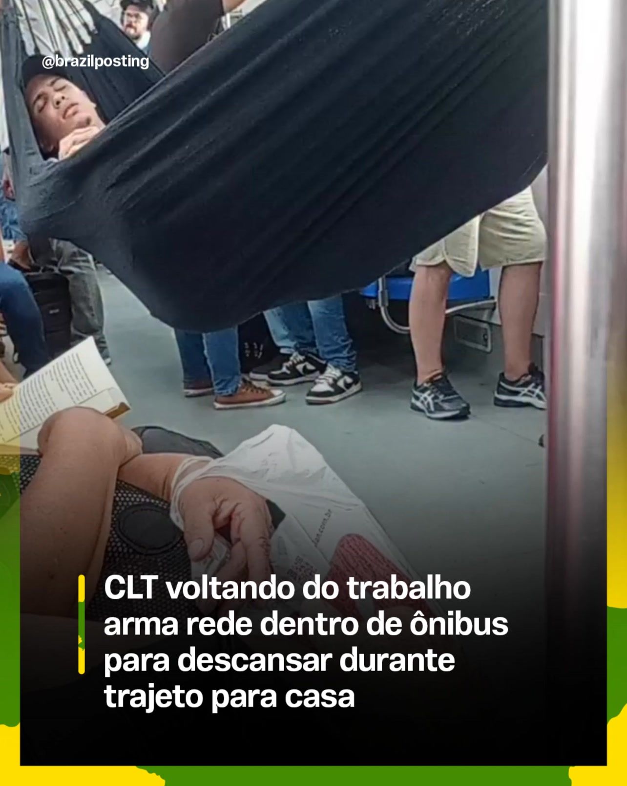 Trabalhador armando rede dentro de ônibus pra dormir na volta pra casa não é montagem: a cena já se repetiu de Manaus a Cascavel