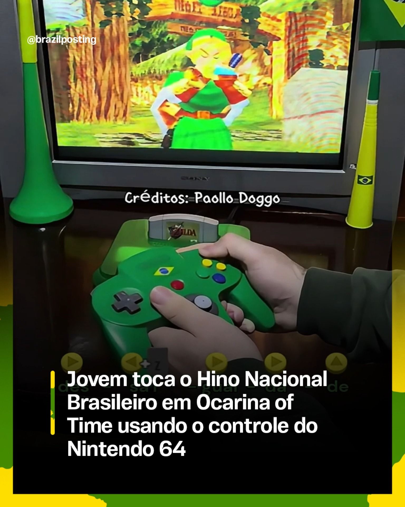Jovem Toca o Hino Nacional Brasileiro em Ocarina of Time Usando o Controle do Nintendo 64
