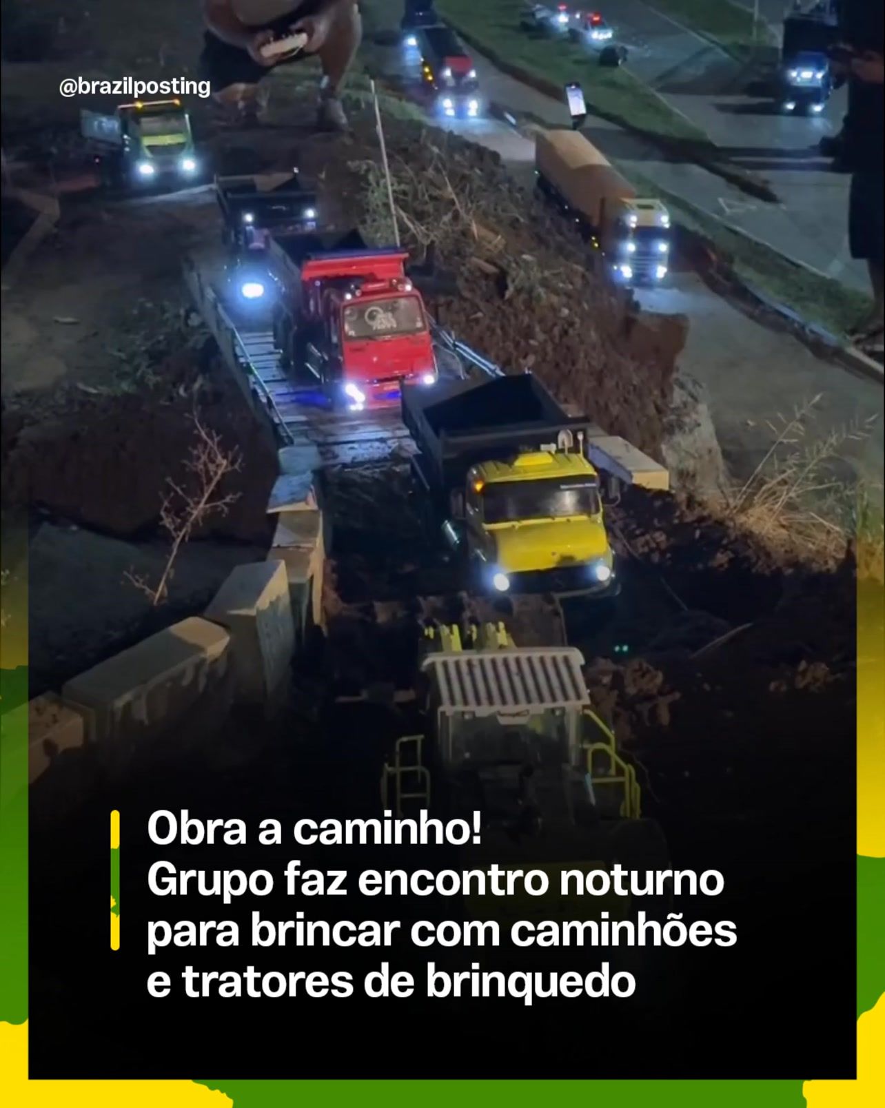 Truck modelismo: o hobby brasileiro de pilotar caminhões em escala 1/14 explica o vídeo de réplicas atravessando obra à noite