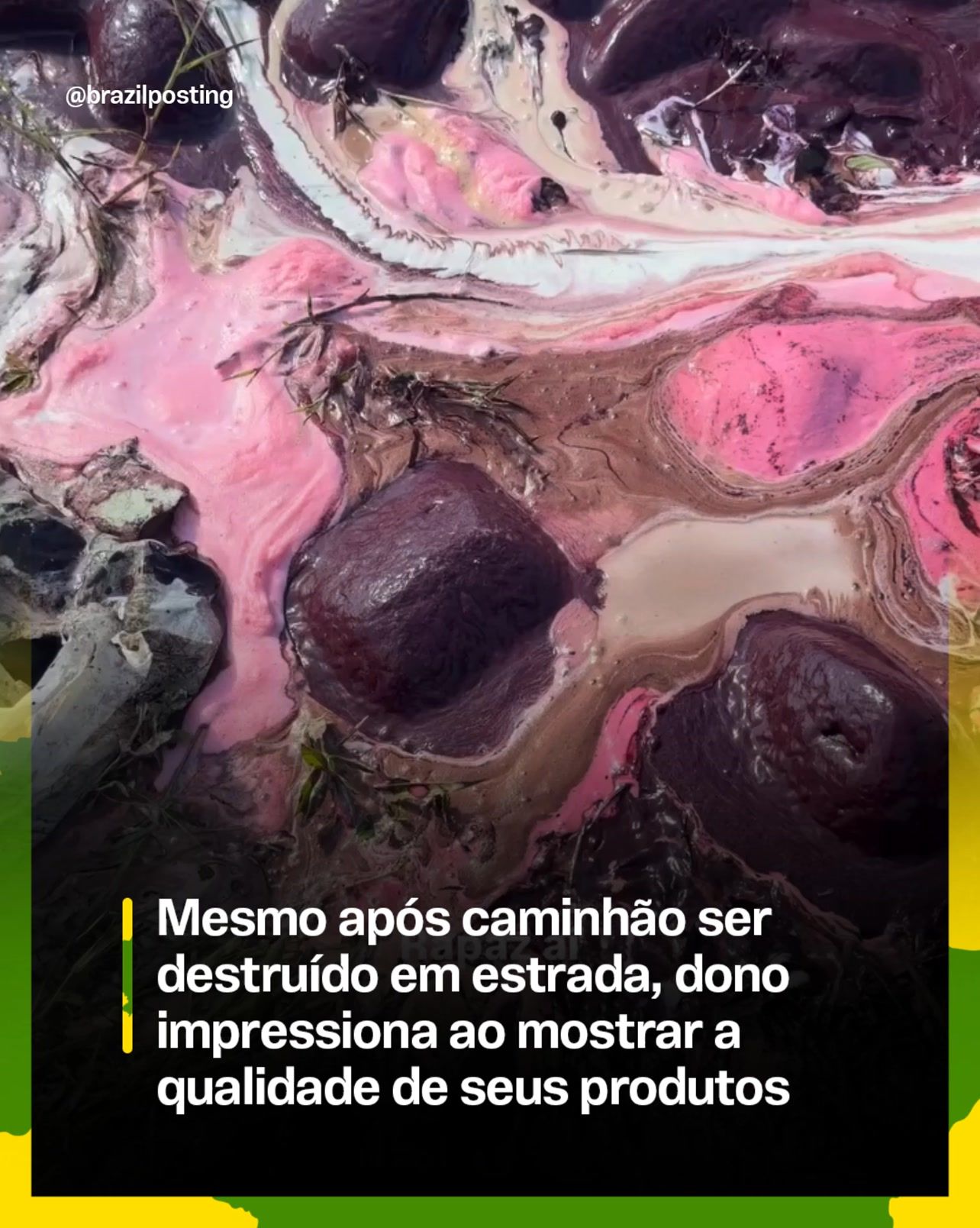 Caminhão de iogurte e queijo tomba na BR-101 em Ipojuca e mancha rosa-roxa no asfalto vira meme da 'qualidade'